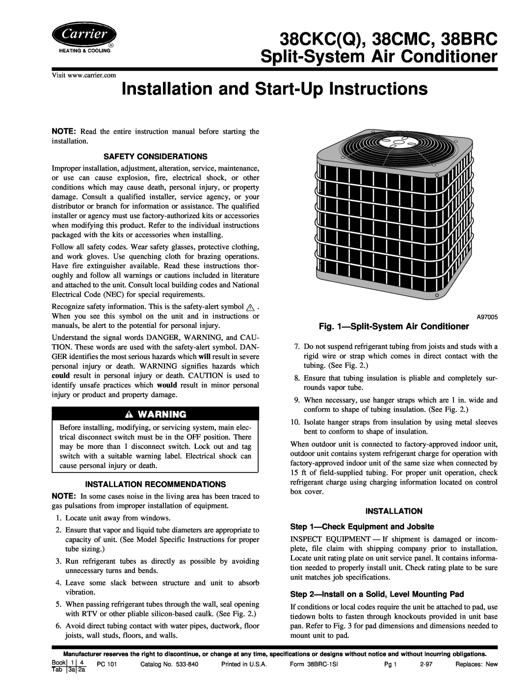 Carrier 38CKC(Q) instruction manual ÐSplit-SystemAir Conditioner, Installation and Start-UpInstructions 