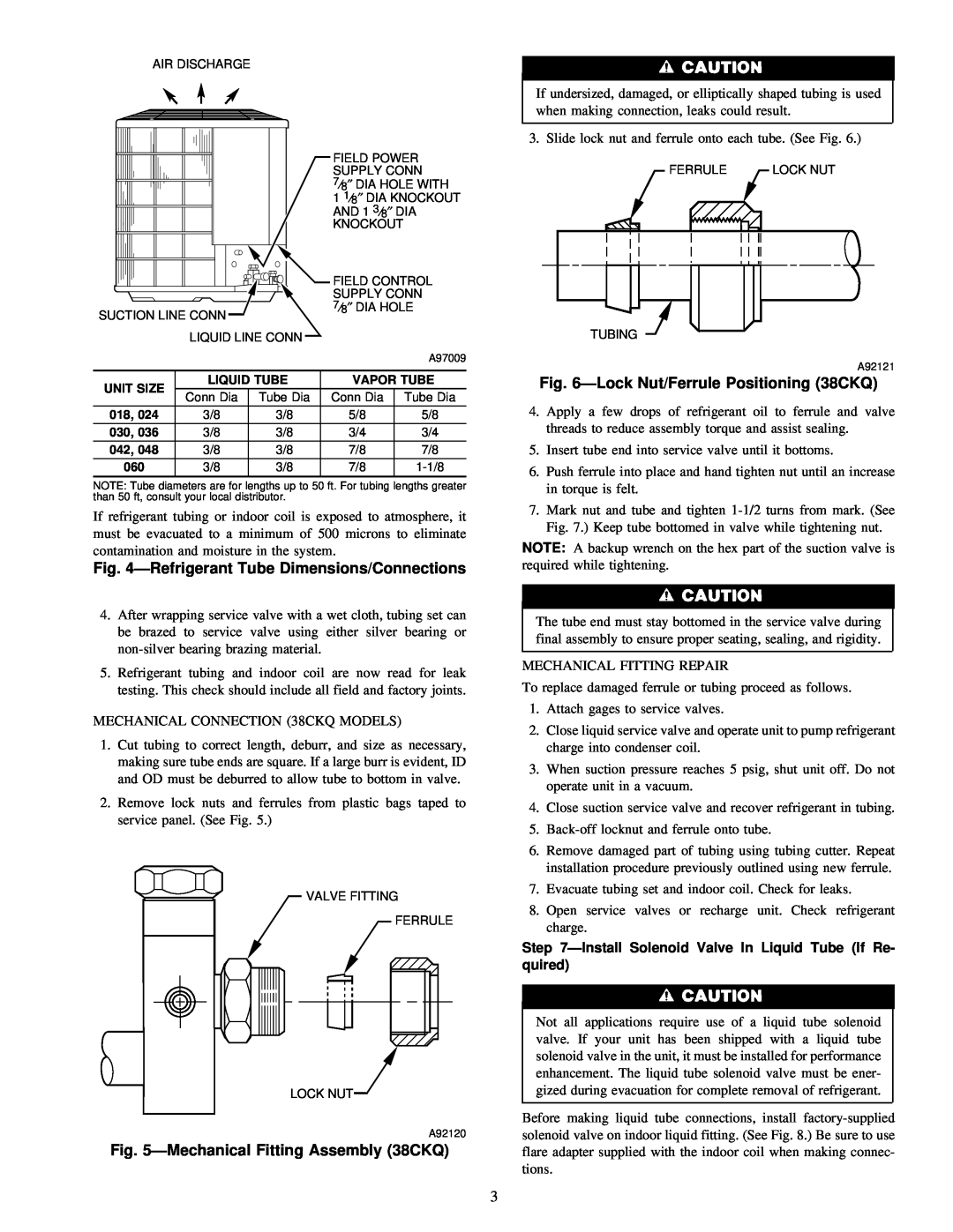 Carrier 38CKC(Q) instruction manual ÐRefrigerant Tube Dimensions/Connections, ÐMechanical Fitting Assembly 38CKQ 