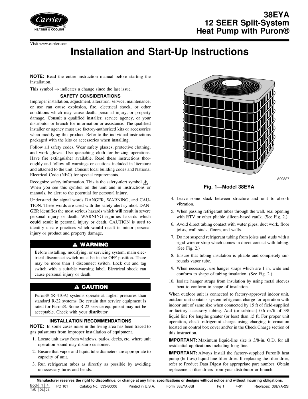 Carrier 38EYA instruction manual Installation and Start-Up Instructions 