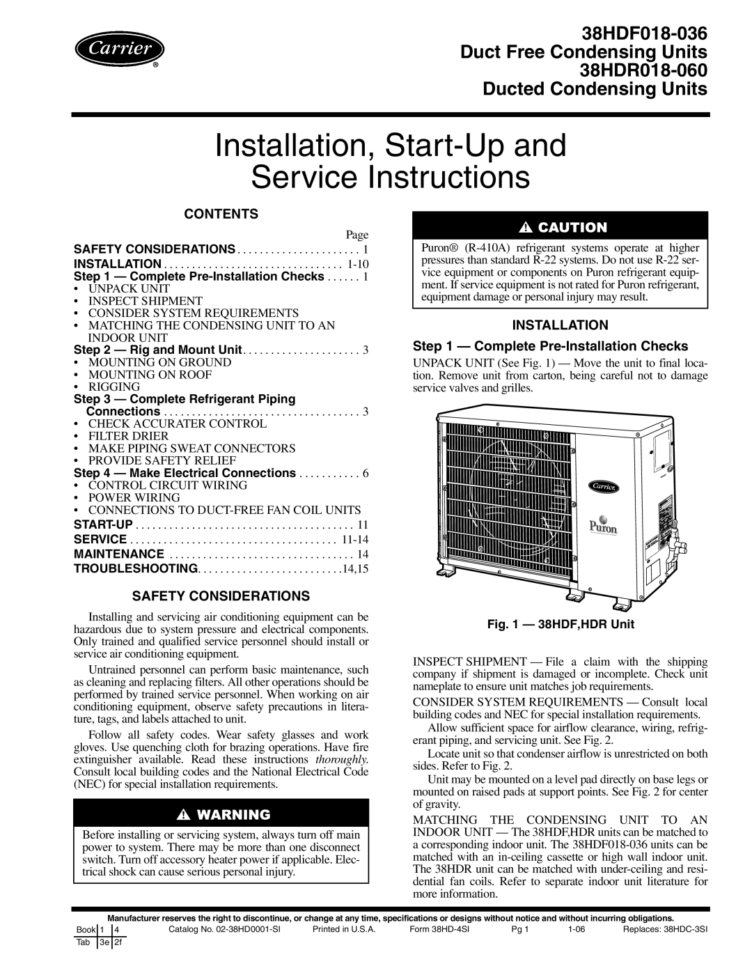 Carrier 38HDR018-060, 38HDF018-036 specifications Installation, Start-Up Service Instructions 