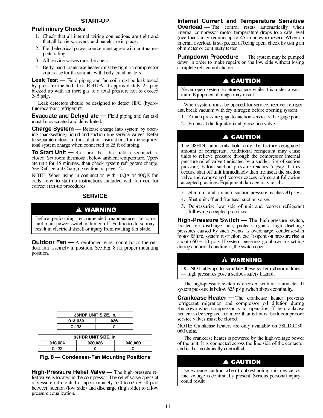 Carrier 38HDR018-060, 38HDF018-036 specifications Preliminary Checks, Condenser-Fan Mounting Positions 