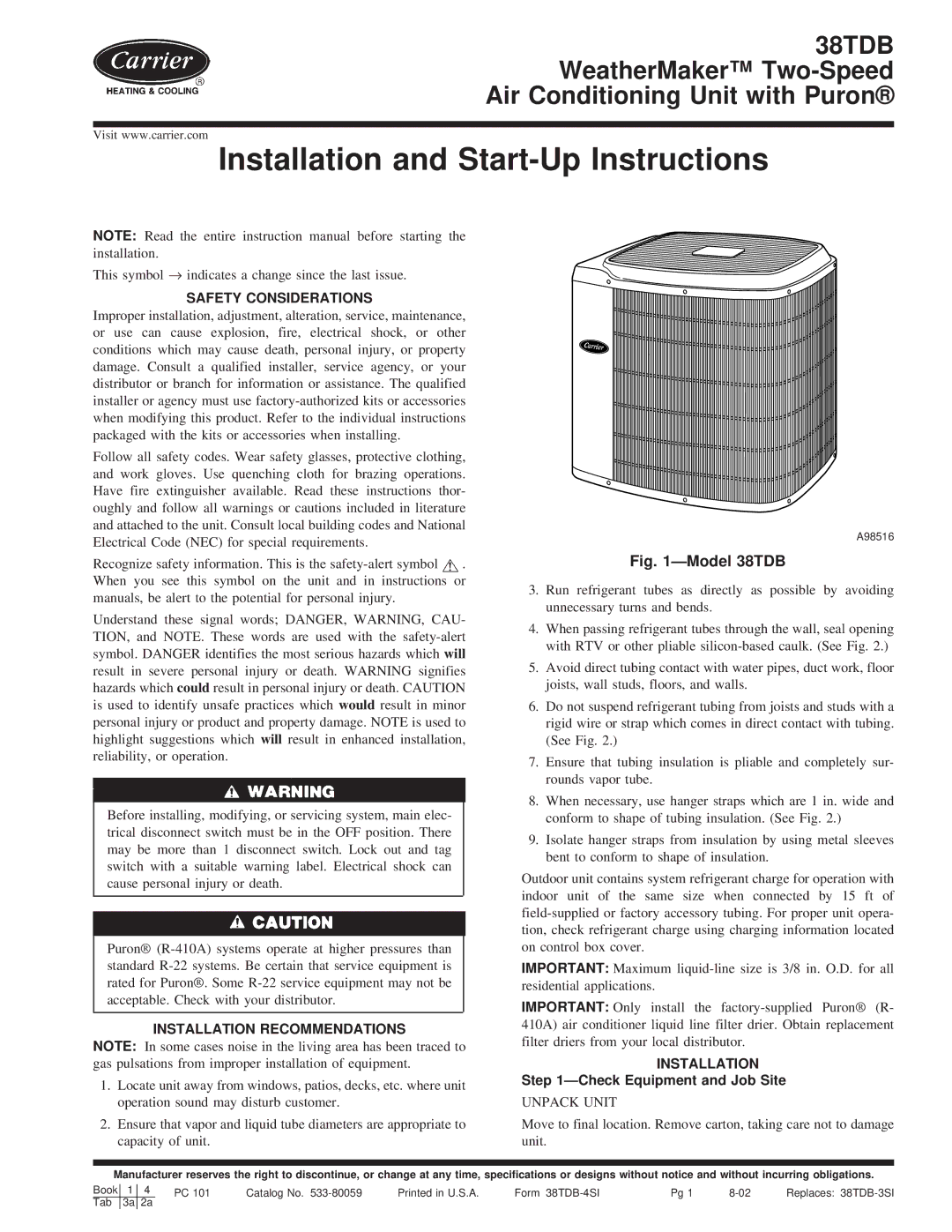 Carrier 38TDB instruction manual Check Equipment and Job Site, Unpack Unit, A98516 