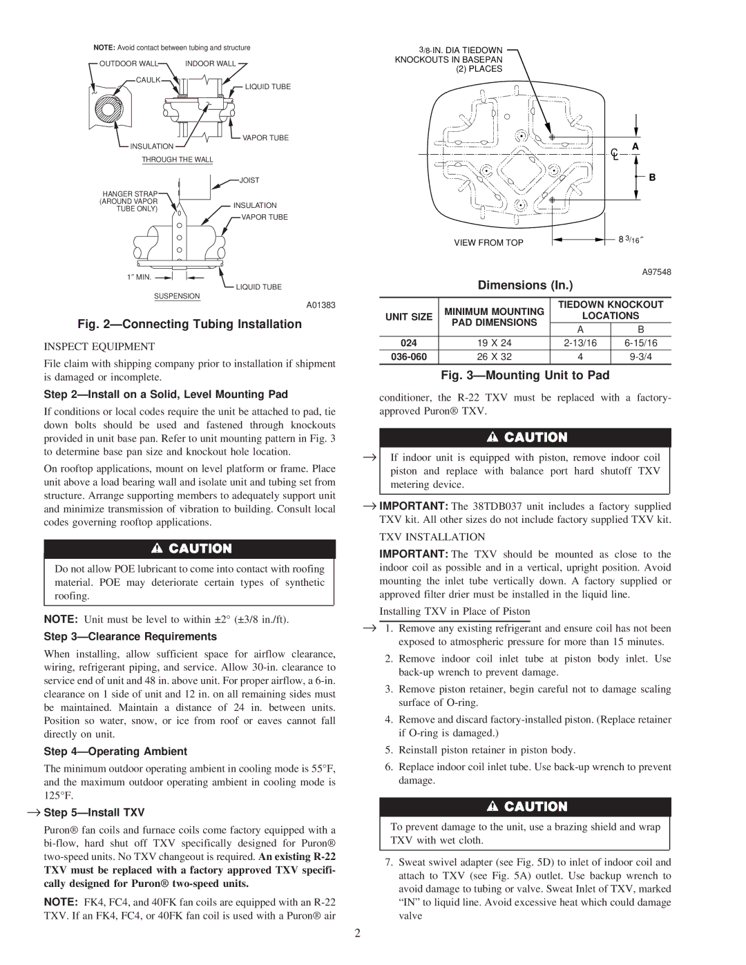 Carrier 38TDB Dimensions, Install on a Solid, Level Mounting Pad, Clearance Requirements, Operating Ambient 