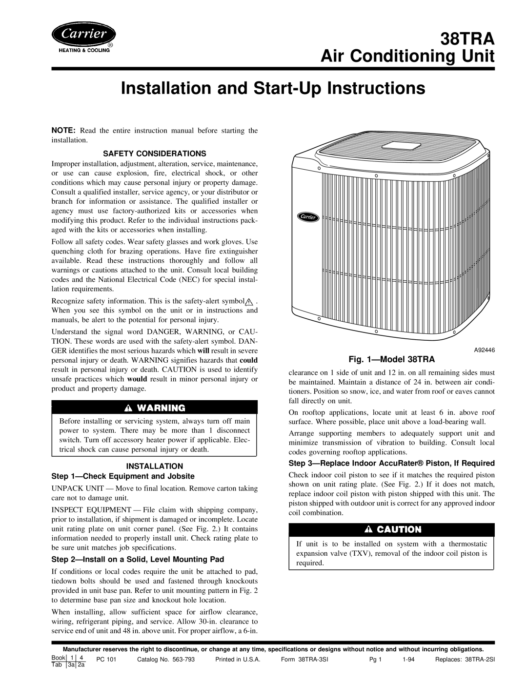 Carrier 38TRA instruction manual Safety Considerations, Installation, ÐCheck Equipment and Jobsite 