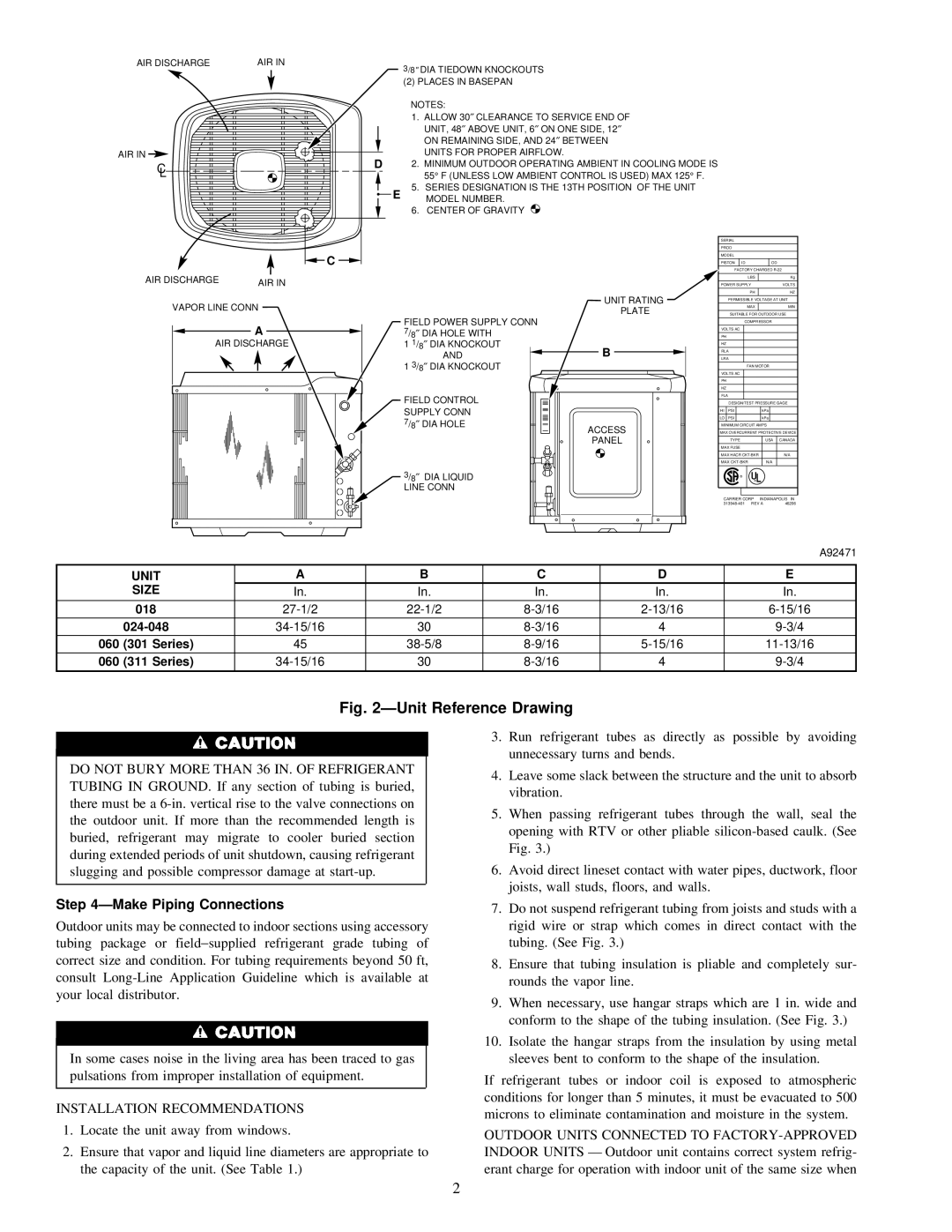 Carrier 38TRA instruction manual ÐMake Piping Connections, Installation Recommendations, A92471 