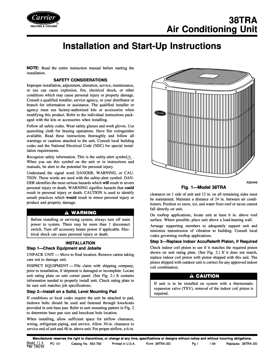 Carrier instruction manual ÐModel 38TRA, Safety Considerations, INSTALLATION ÐCheck Equipment and Jobsite 