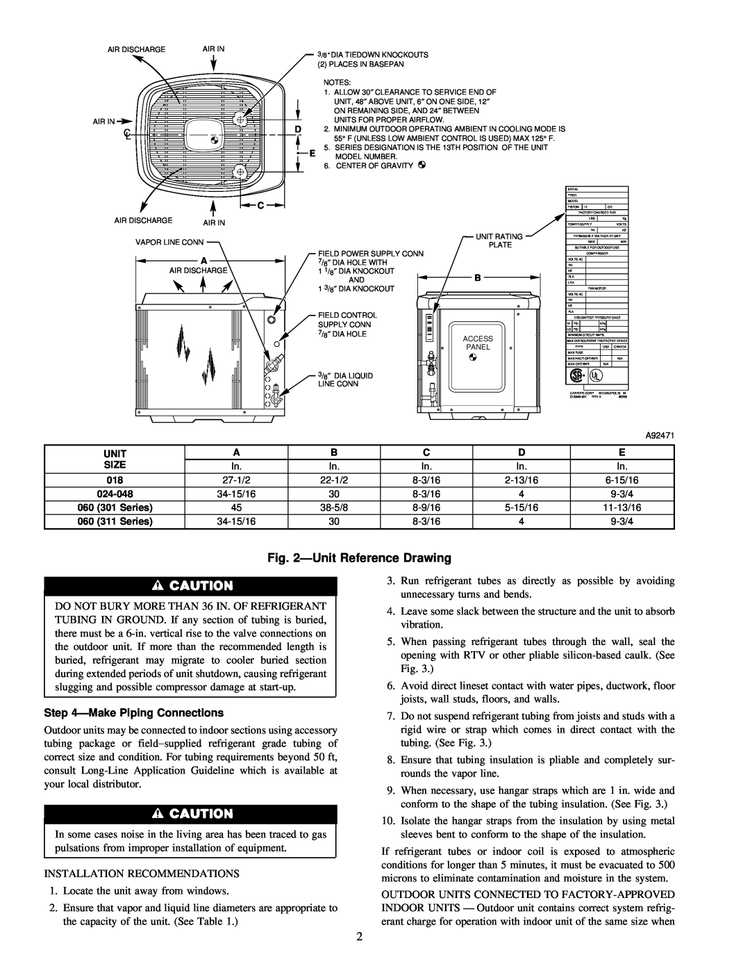 Carrier 38TRA instruction manual ÐUnit Reference Drawing, ÐMake Piping Connections 