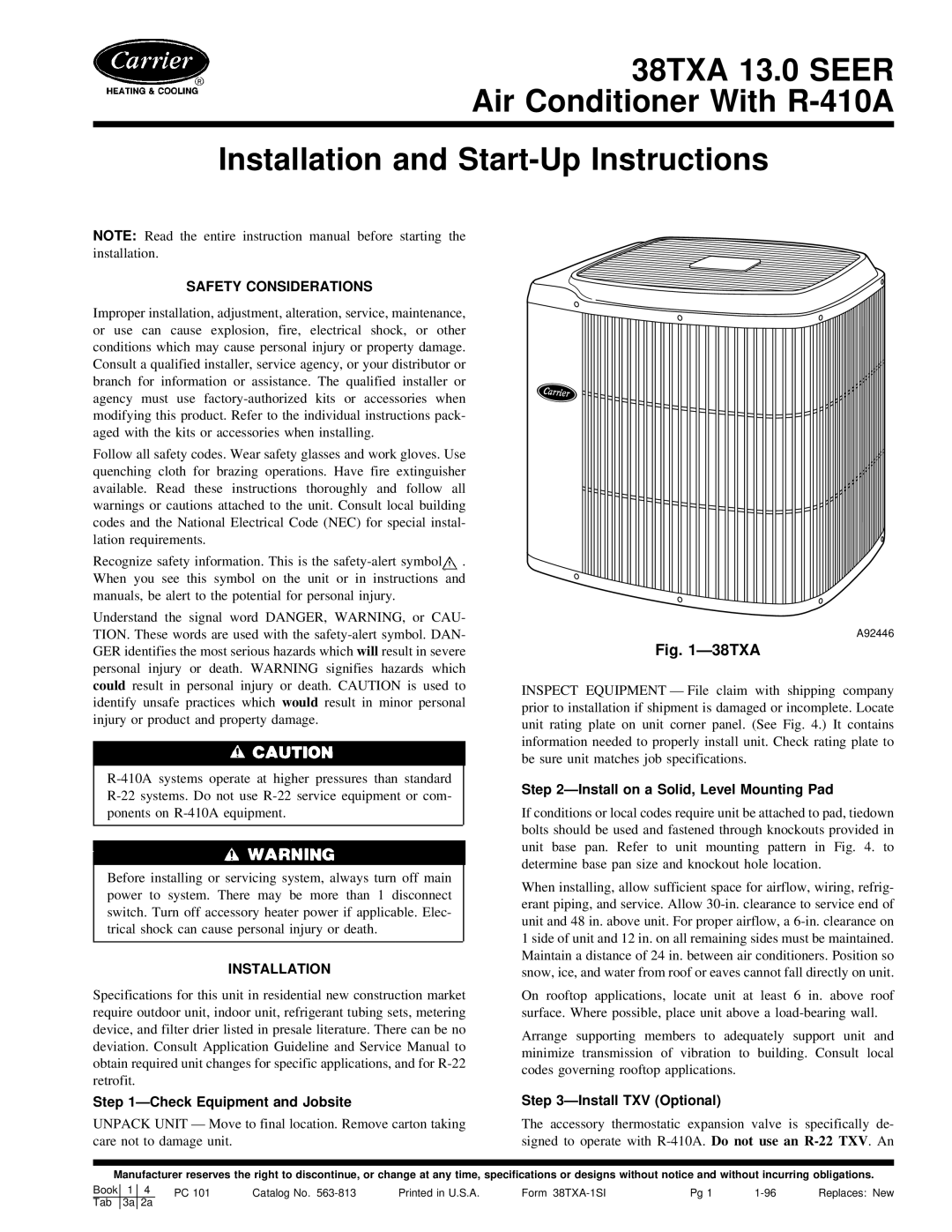 Carrier 38TXA instruction manual ÐCheck Equipment and Jobsite, ÐInstall on a Solid, Level Mounting Pad 