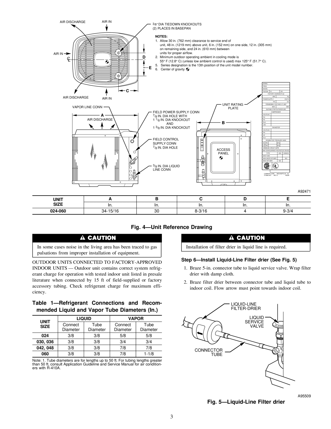 Carrier 38TXA ÐInstall Liquid-Line Filter drier See Fig, AIR Discharge DIA Tiedown Knockouts Places in Basepan 