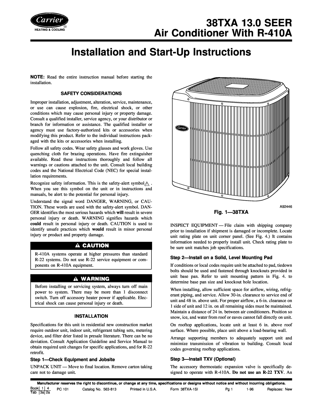 Carrier instruction manual Installation and Start-UpInstructions, 38TXA 13.0 SEER Air Conditioner With R-410A, Ð38TXA 