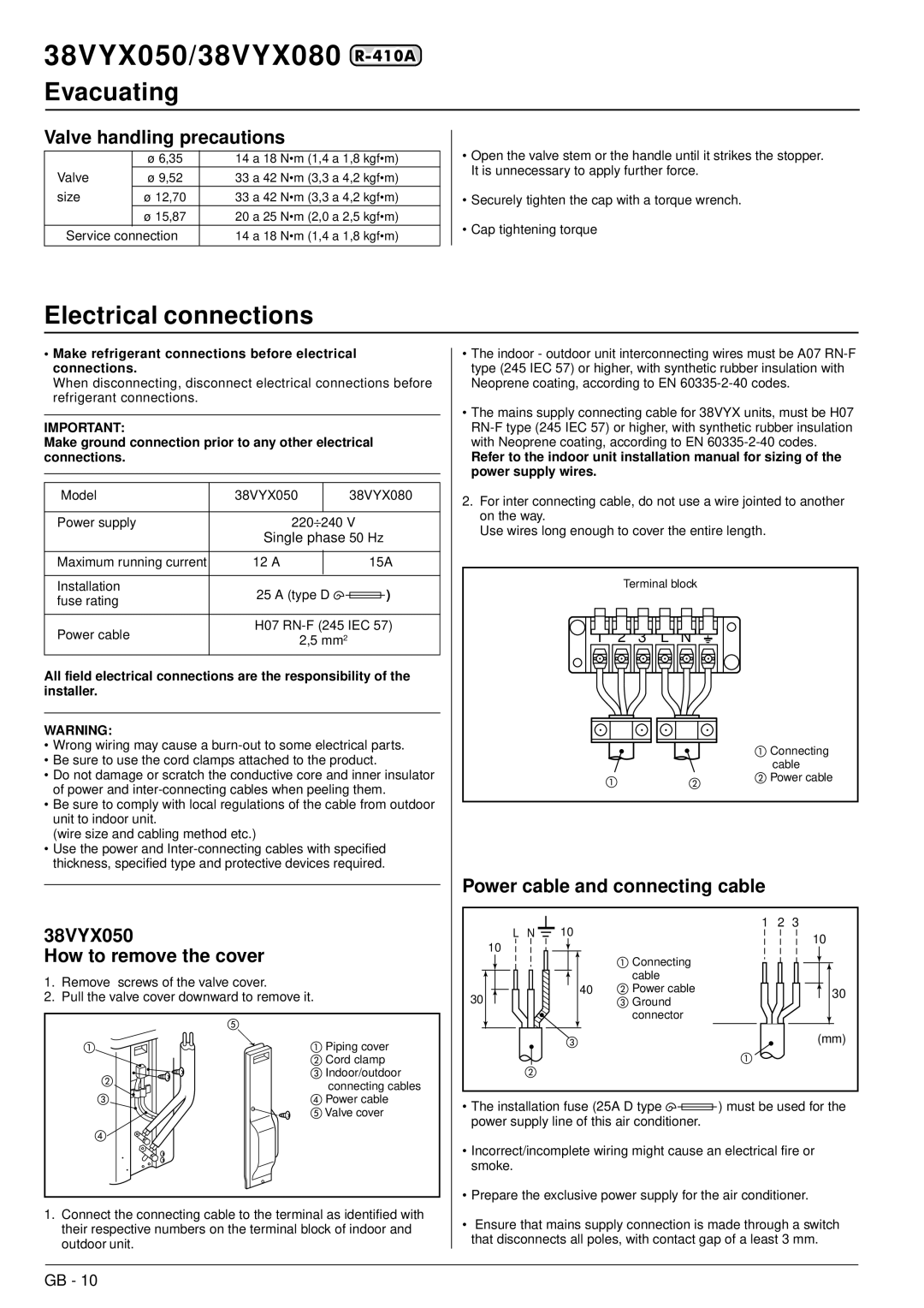 Carrier 38VYX080, 38VYX050 installation manual Electrical connections, Valve handling precautions 