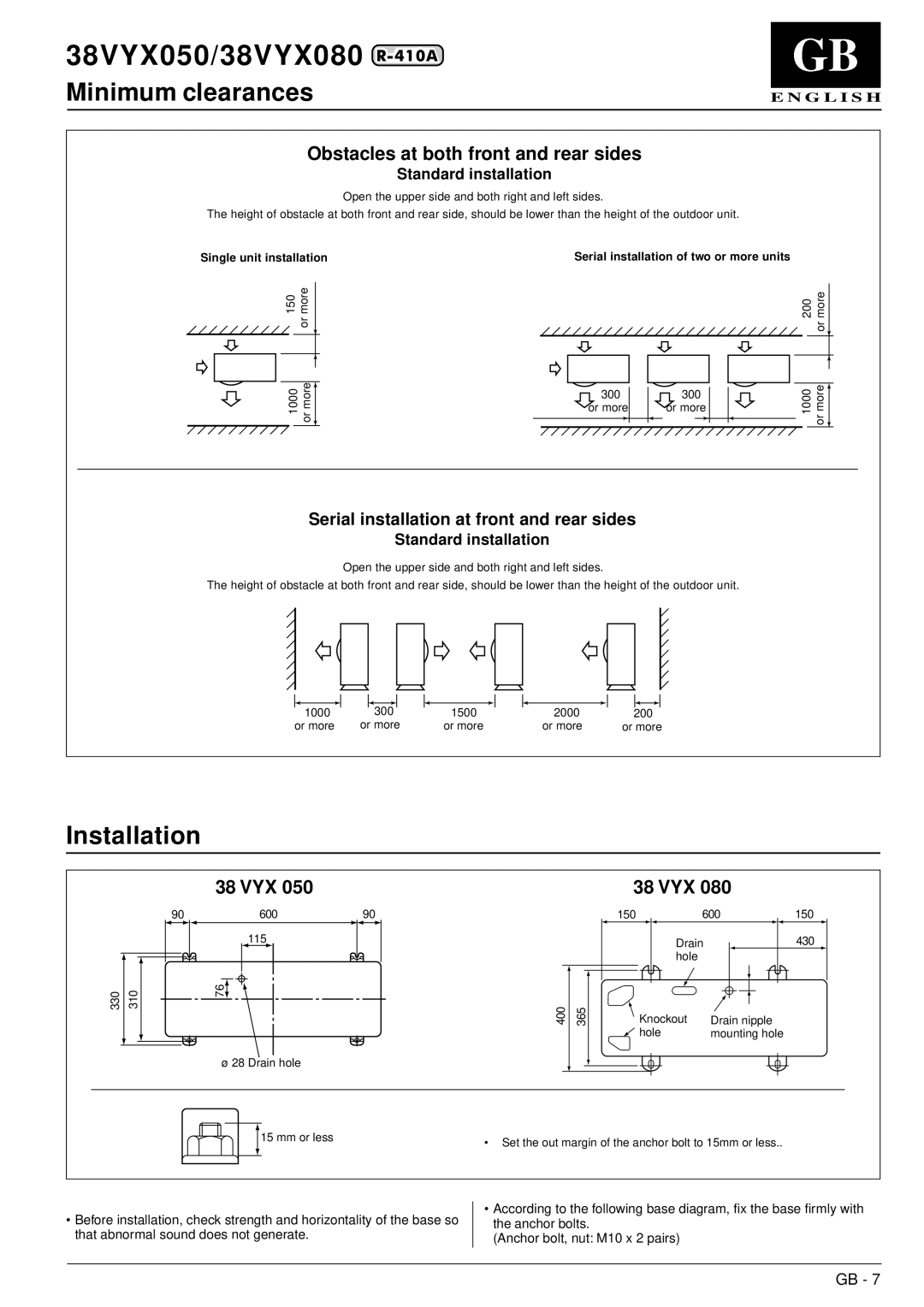 Carrier 38VYX050, 38VYX080 Installation, Obstacles at both front and rear sides, 38 VYX, Standard installation 