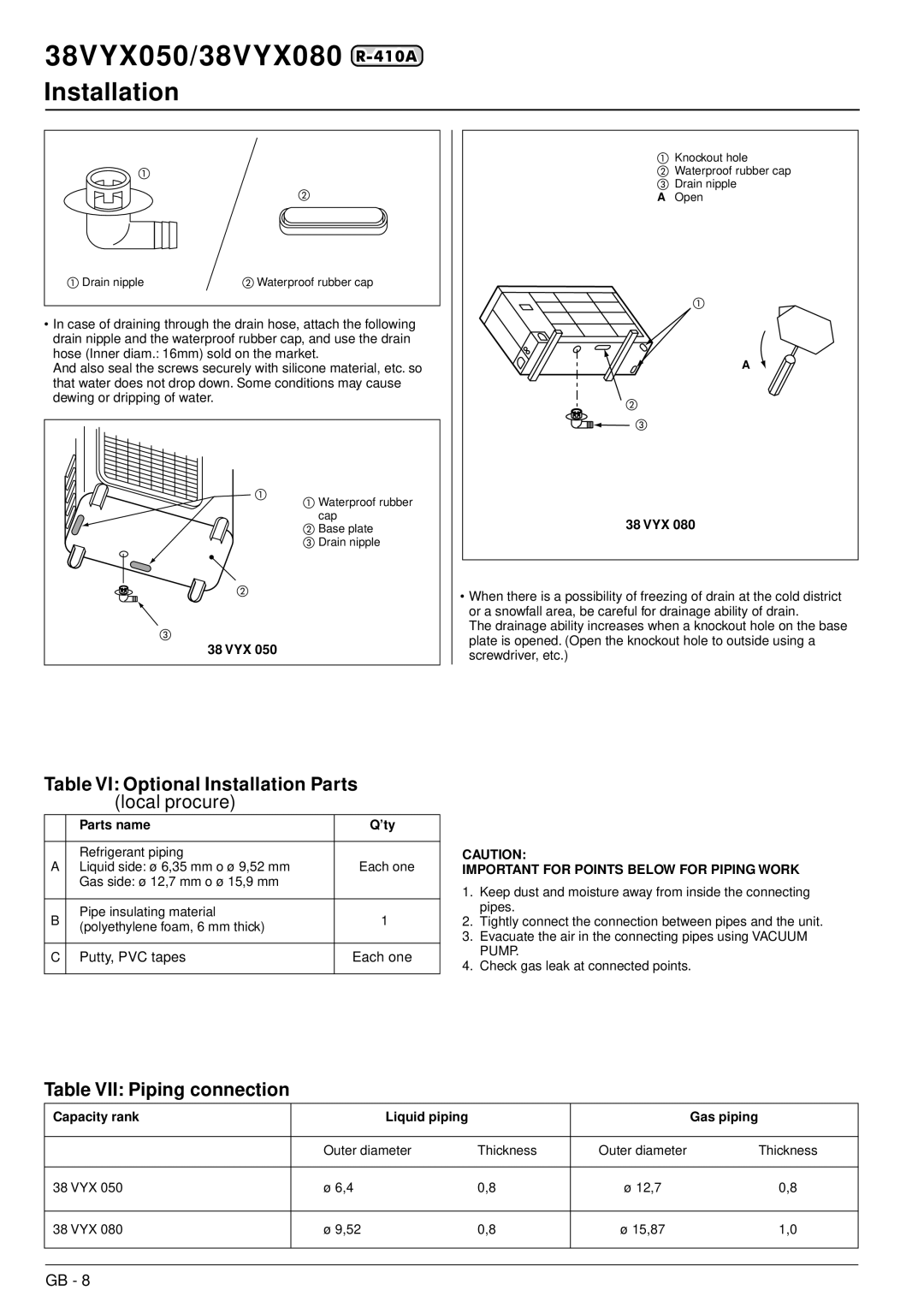 Carrier 38VYX080 Table VI Optional Installation Parts, 38 VYX, Parts name ’ty, Capacity rank Liquid piping Gas piping 