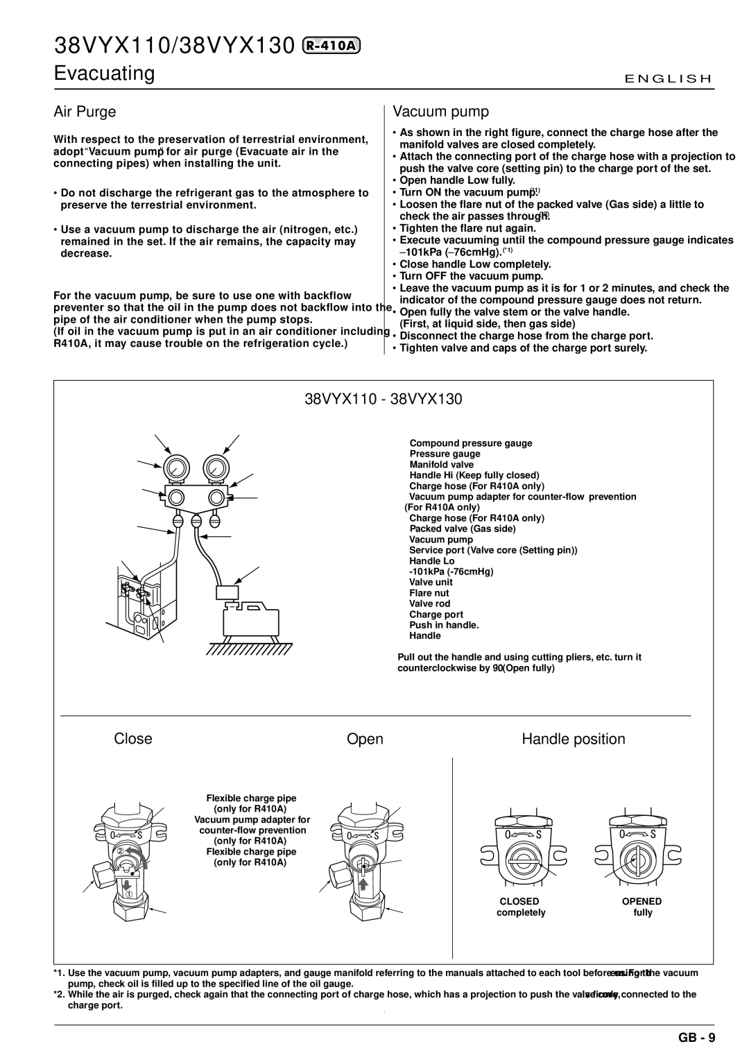 Carrier installation manual Evacuating, Vacuum pump, 38VYX110 38VYX130, Close Open, Handle position 