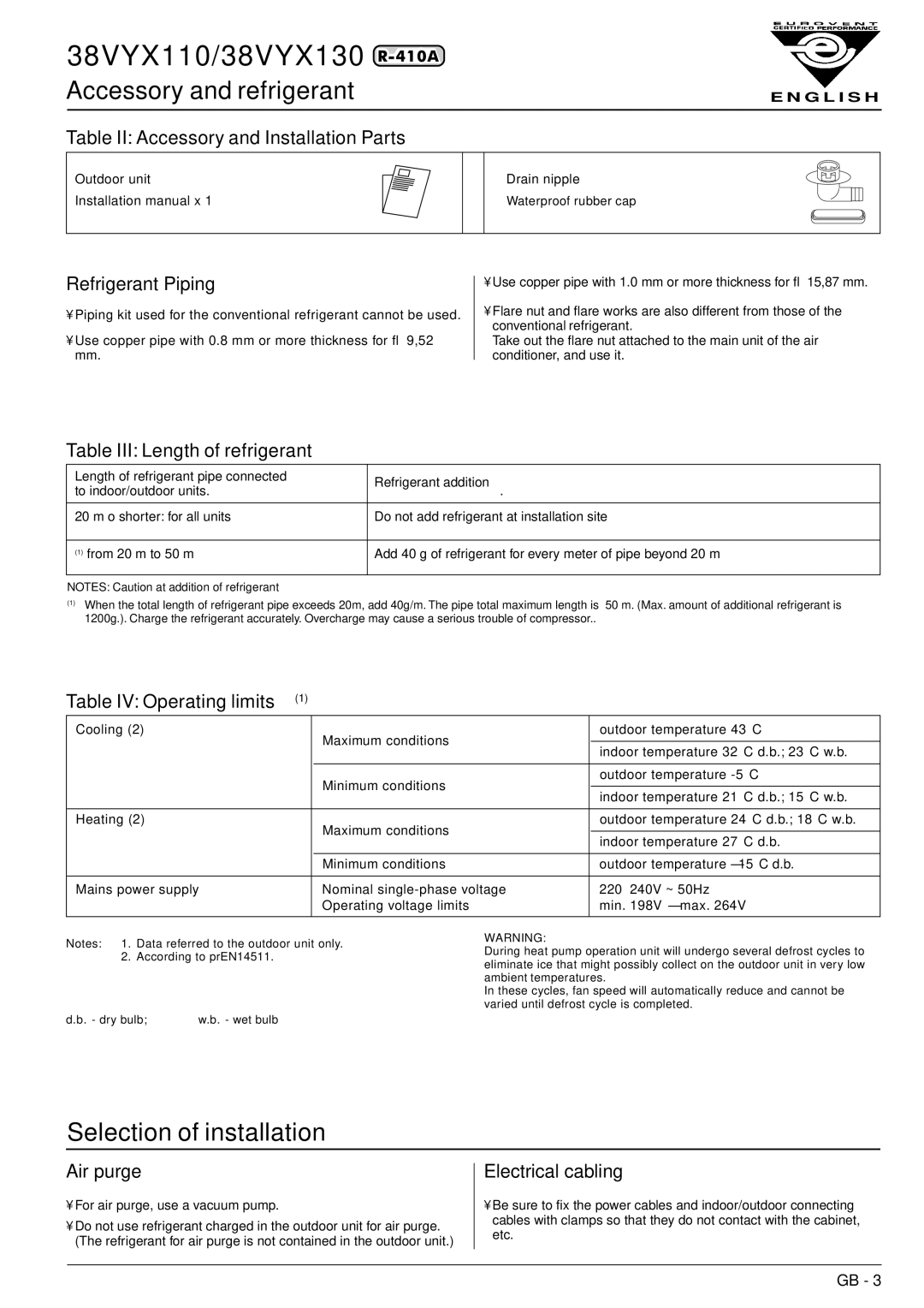 Carrier 38VYX110, 38VYX130 installation manual Accessory and refrigerant, Selection of installation 