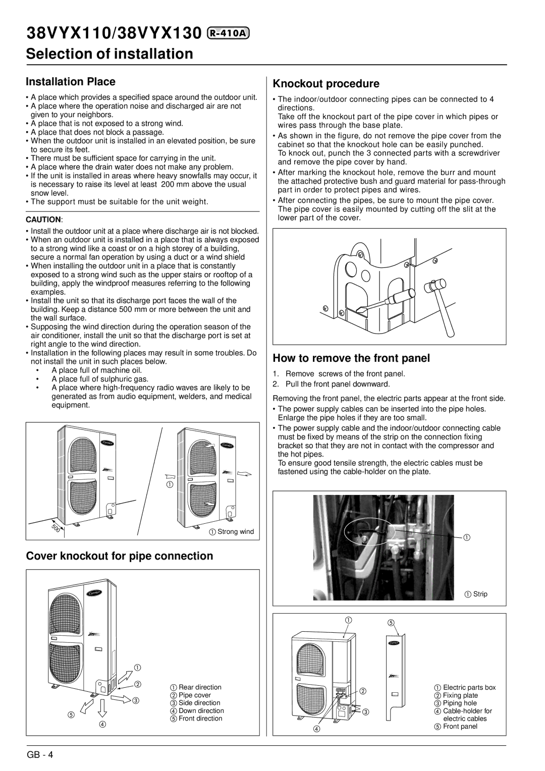 Carrier 38VYX130 Installation Place, Cover knockout for pipe connection Knockout procedure, How to remove the front panel 