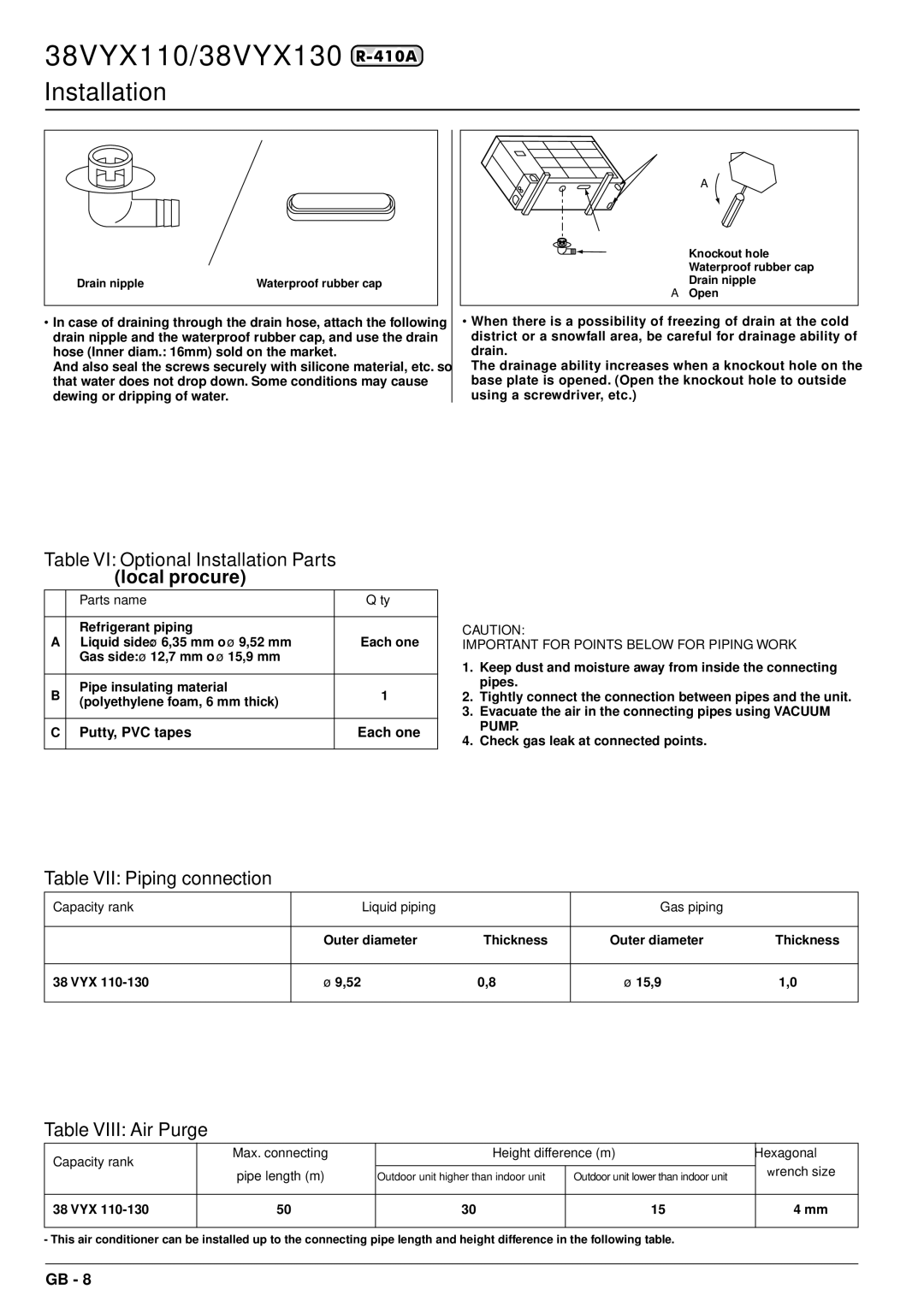 Carrier 38VYX130, 38VYX110 Table VI Optional Installation Parts, Table VII Piping connection, Table Viii Air Purge 