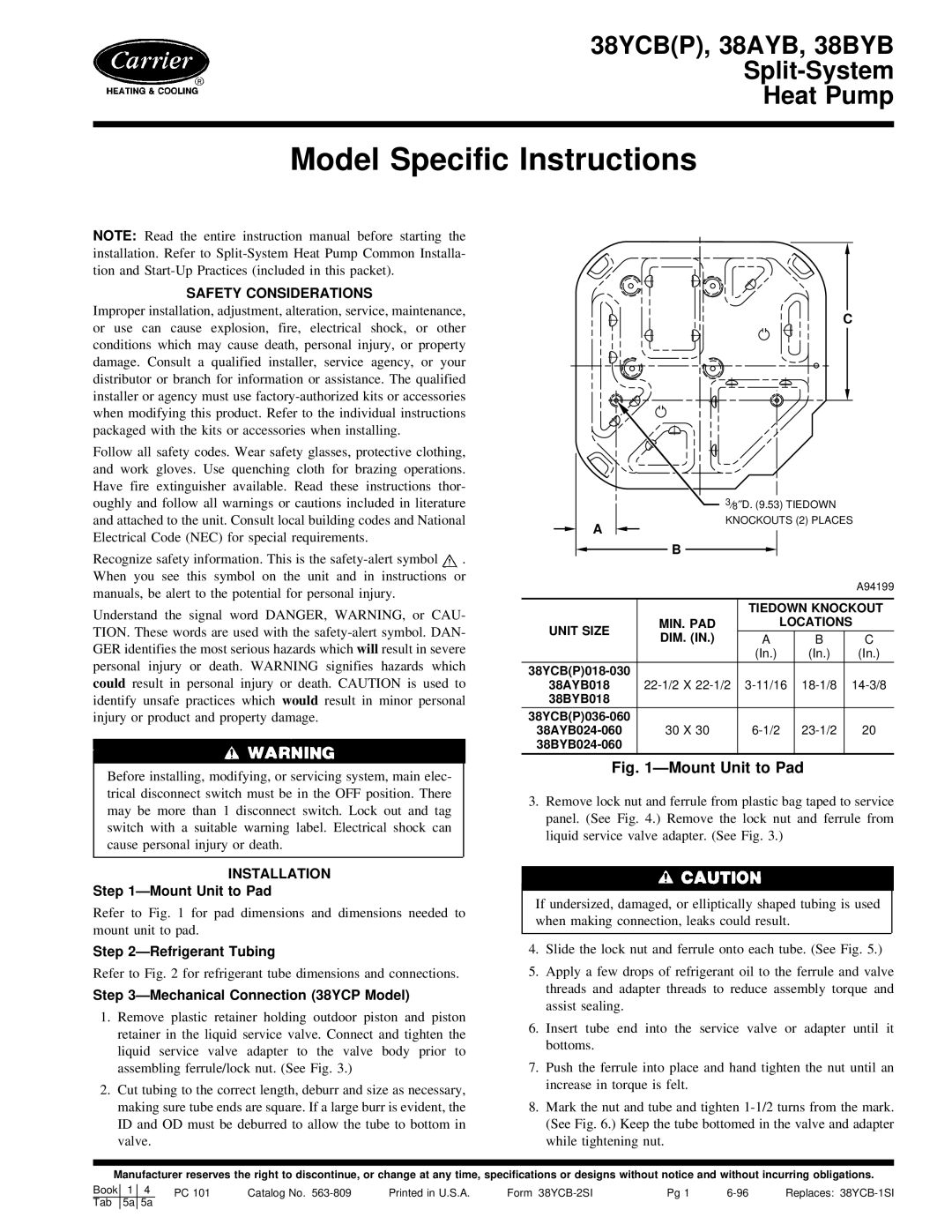 Carrier 38BYB instruction manual Safety Considerations, Installation, Tiedown Knockout, Unit Size MIN. PAD Locations 