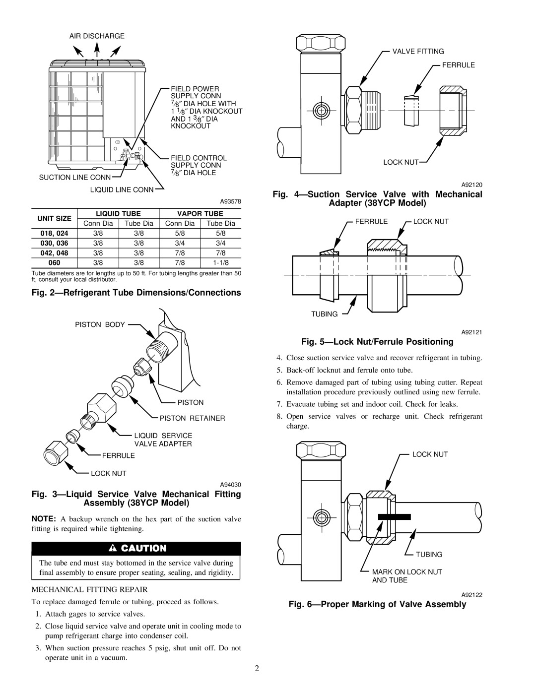 Carrier 38AYB, 38YCB(P), 38BYB instruction manual Unit Size Liquid Tube Vapor Tube, 018 030 042 060 