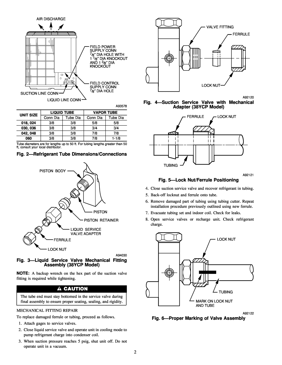 Carrier 38AYB ÐRefrigerant Tube Dimensions/Connections, ÐLiquid Service Valve Mechanical Fitting, Assembly 38YCP Model 