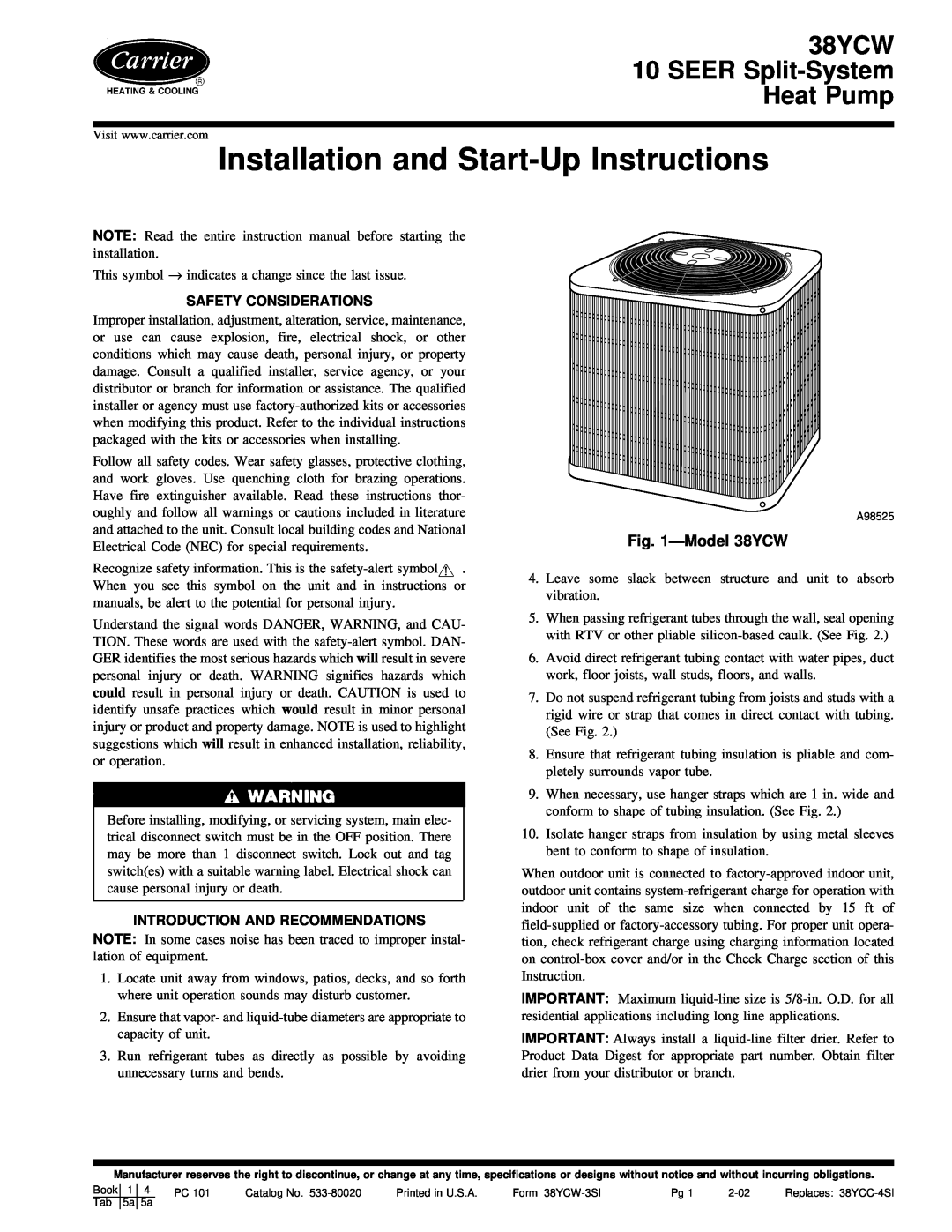 Carrier instruction manual Model38YCW, Safety Considerations, Introduction And Recommendations 