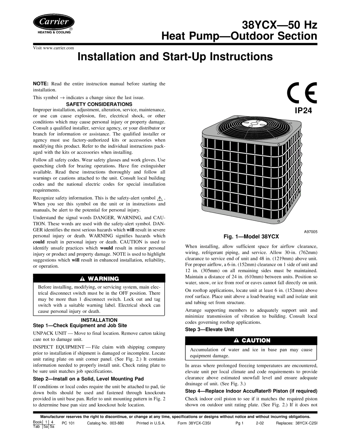 Carrier 38YCX instruction manual Safety Considerations, Installation 