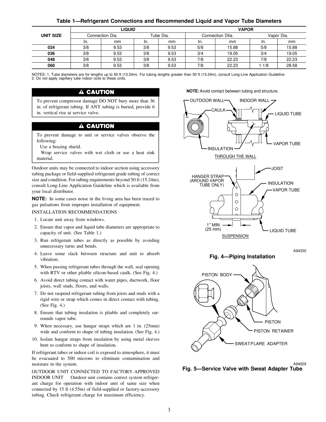 Carrier 38YCX instruction manual Installation Recommendations, Liquid Vapor Unit Size 