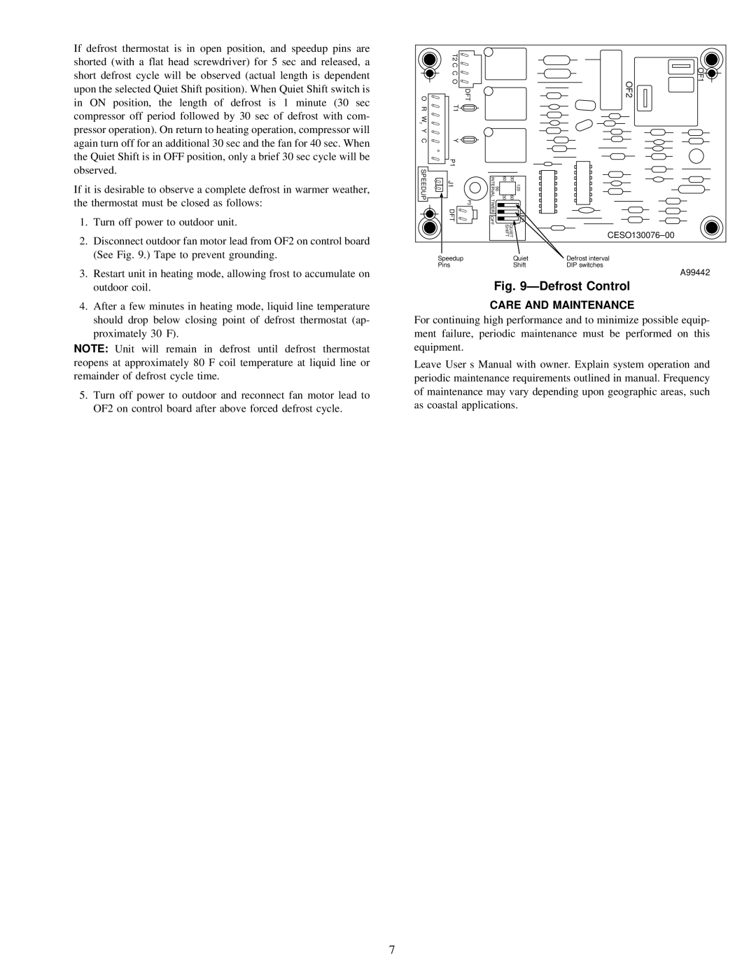 Carrier 38YCX instruction manual Defrost Control, Care and Maintenance 