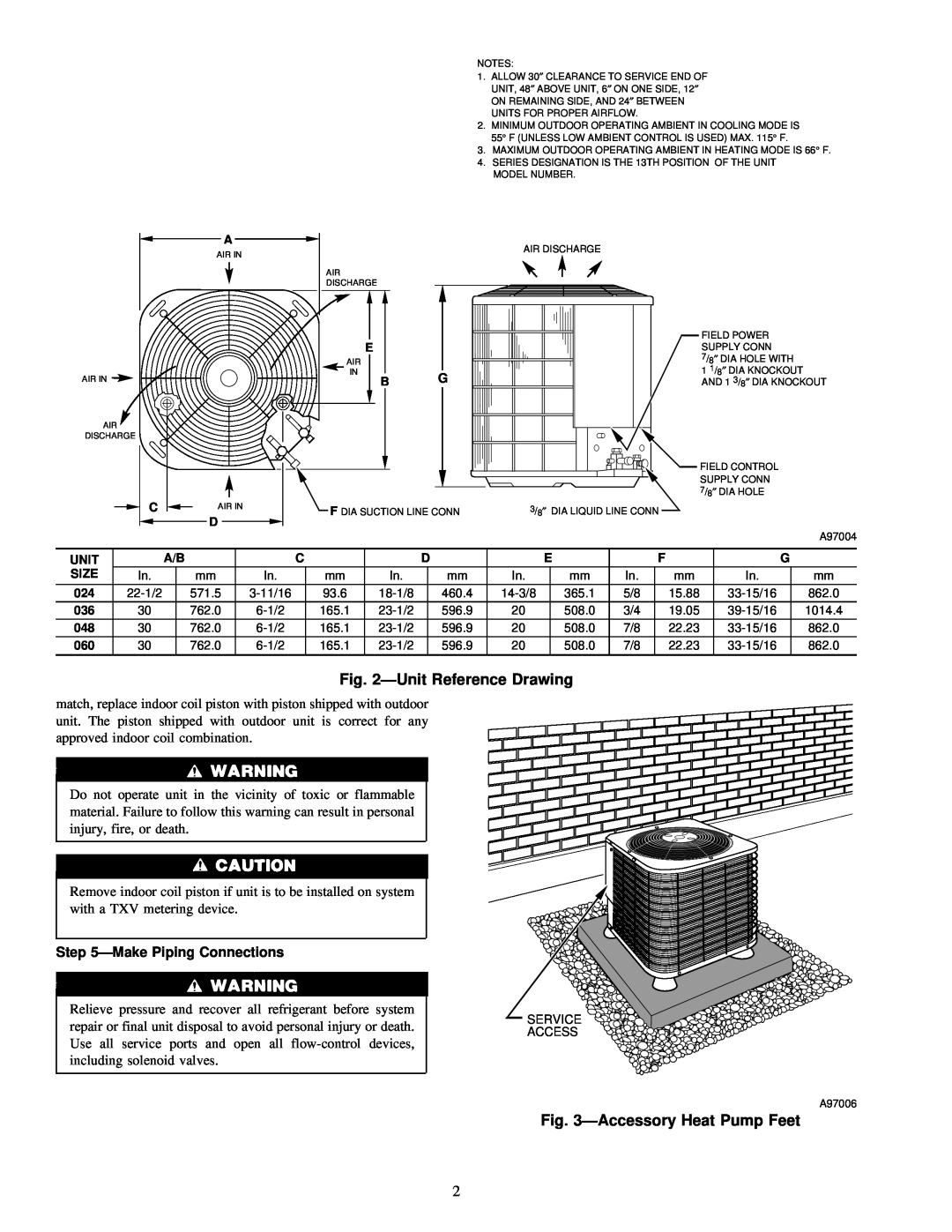 Carrier 38YCX instruction manual UnitReference Drawing, AccessoryHeat Pump Feet, MakePiping Connections 