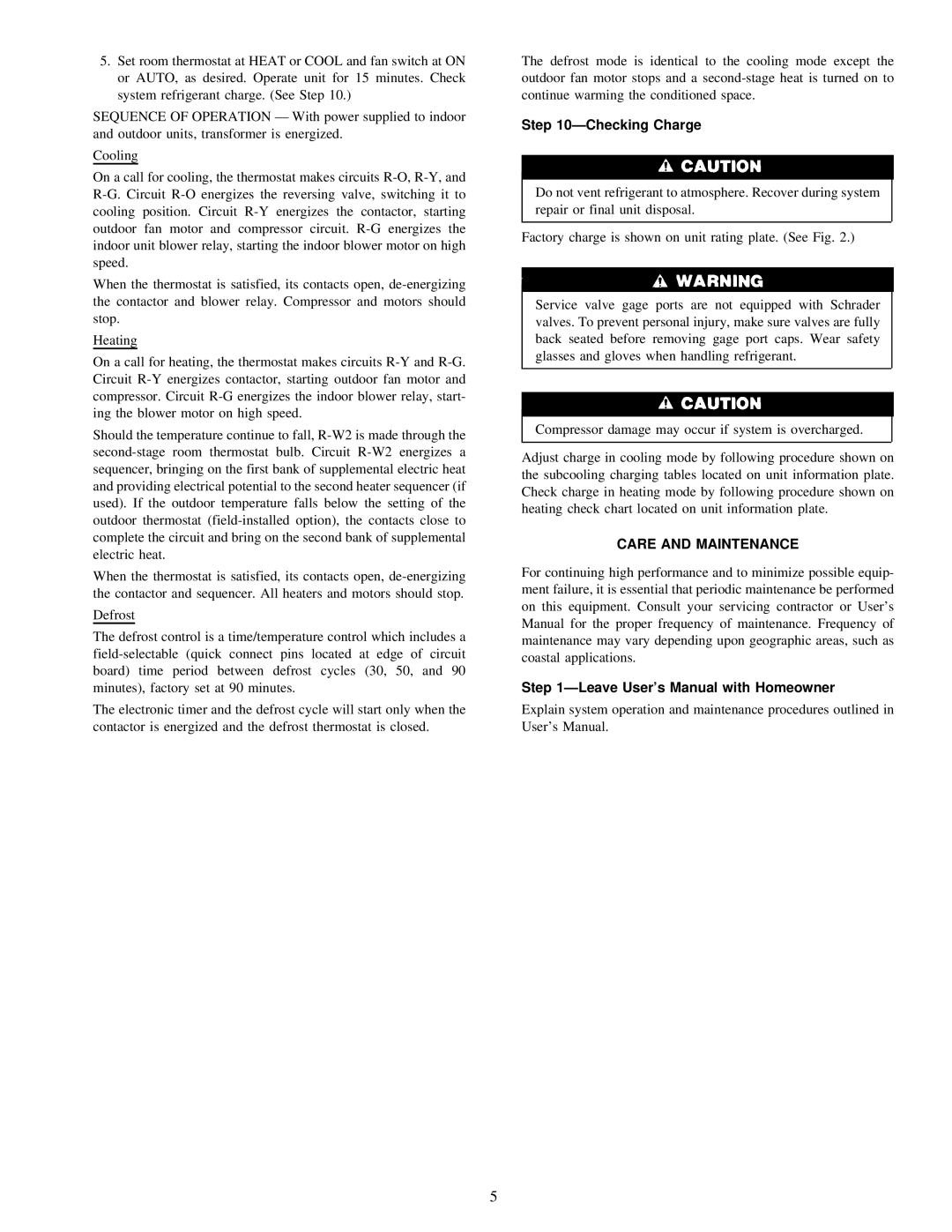 Carrier 38YRA instruction manual ÐChecking Charge, Care and Maintenance 