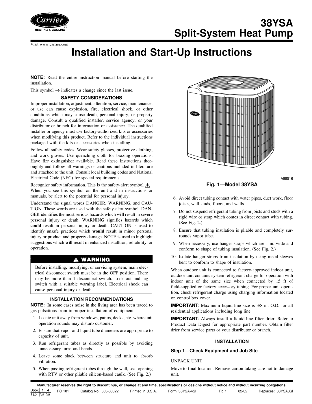 Carrier 38YSA instruction manual Check Equipment and Job Site, Unpack Unit 