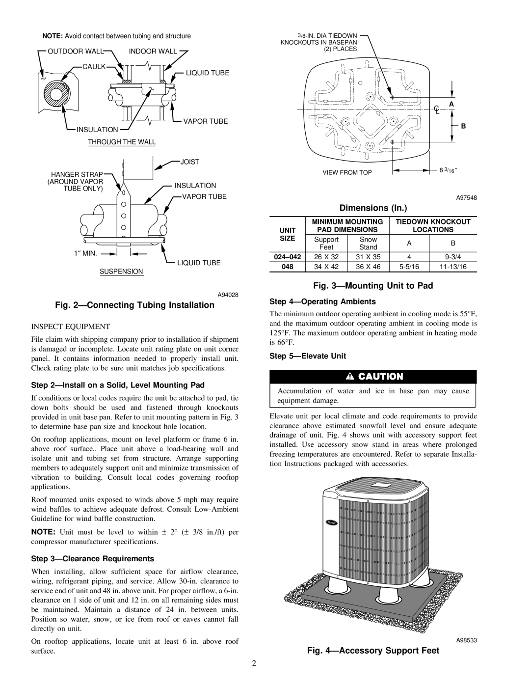 Carrier 38YSA Dimensions, Install on a Solid, Level Mounting Pad, Clearance Requirements, Operating Ambients, Elevate Unit 