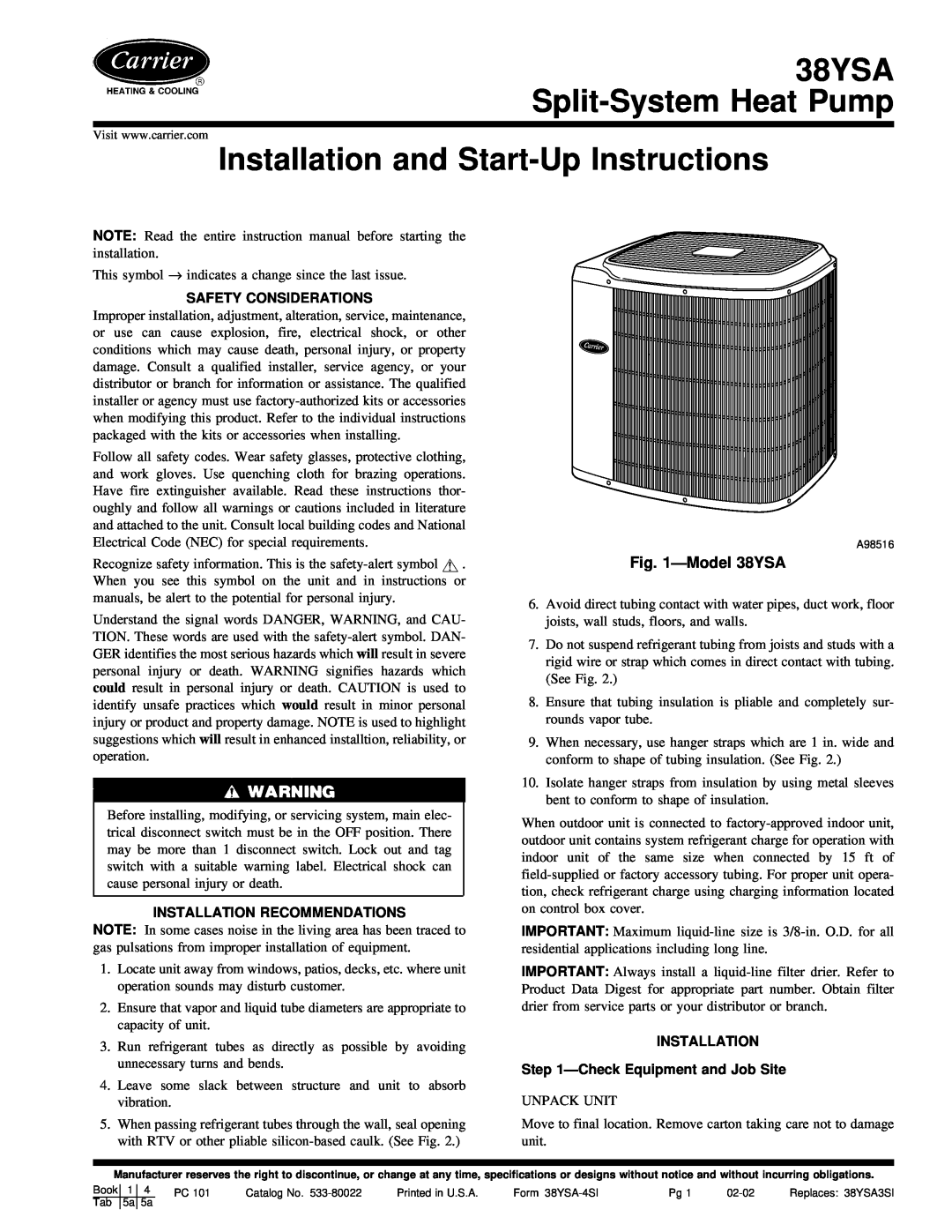 Carrier instruction manual Installation and Start-UpInstructions, 38YSA Split-SystemHeat Pump, Safety Considerations 