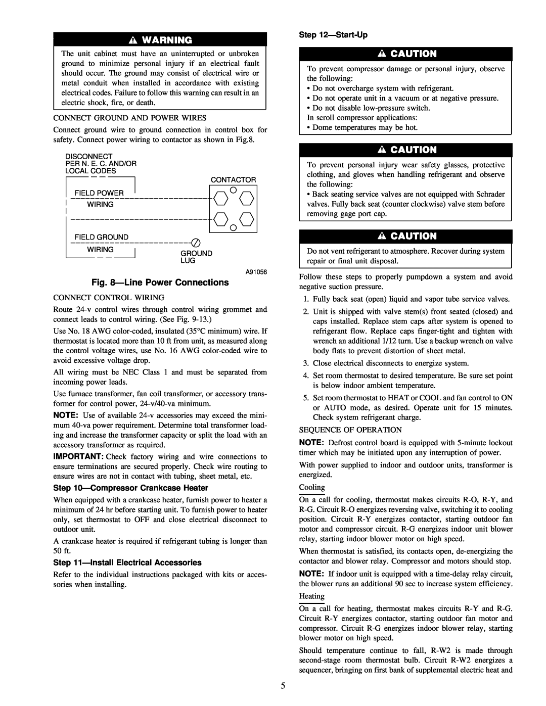 Carrier 38YSA instruction manual LinePower Connections, Start-Up, CompressorCrankcase Heater, InstallElectrical Accessories 