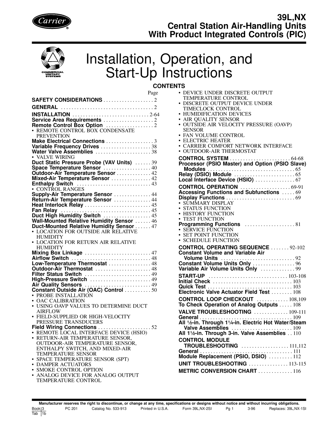 Carrier 39L specifications Installation, Operation, Start-Up Instructions, Contents 