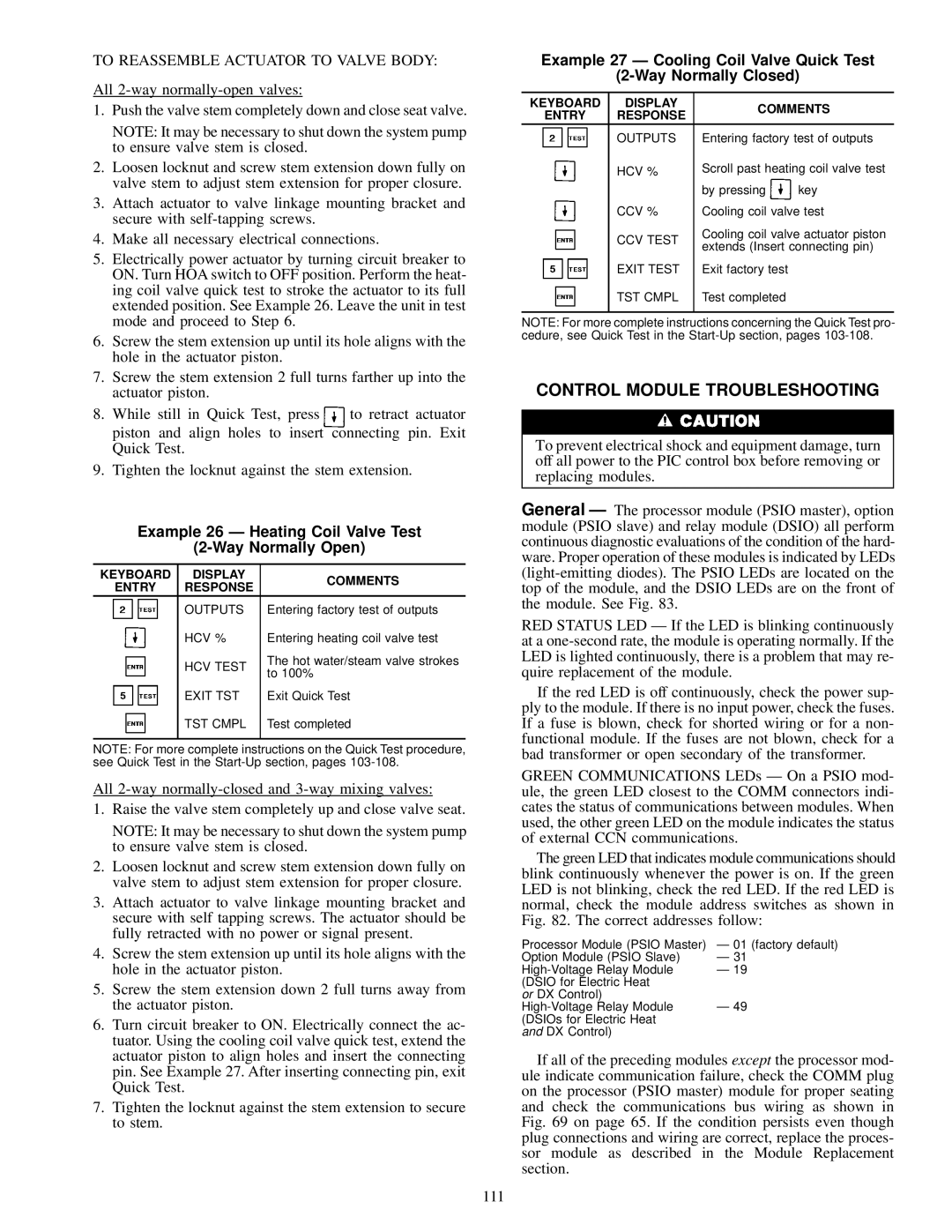 Carrier 39L Control Module Troubleshooting, Example 26 Ð Heating Coil Valve Test Way Normally Open, Exit Test 