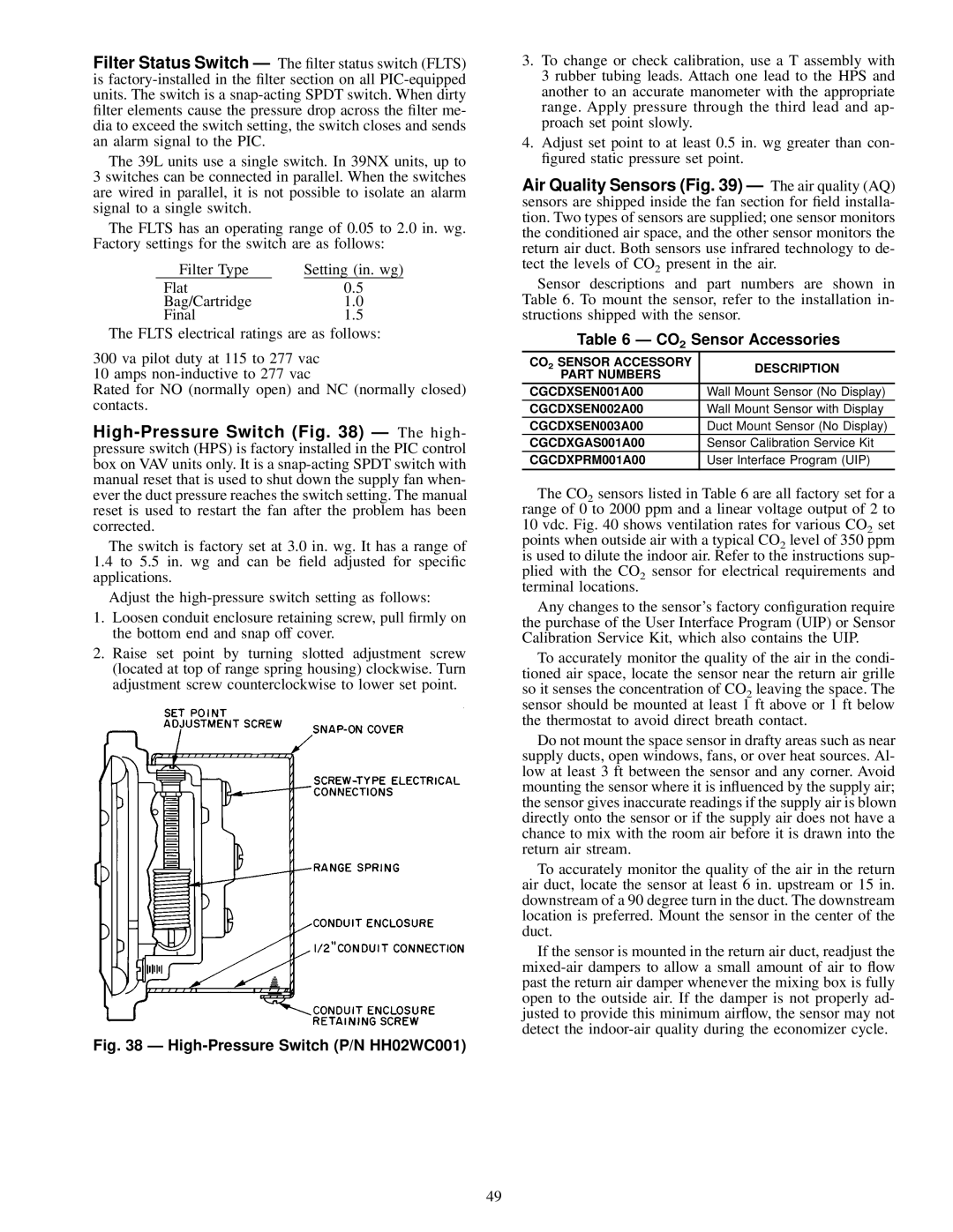 Carrier 39L specifications CO2 Sensor Accessories, CGCDXSEN002A00, CGCDXSEN003A00, CGCDXGAS001A00, CGCDXPRM001A00 