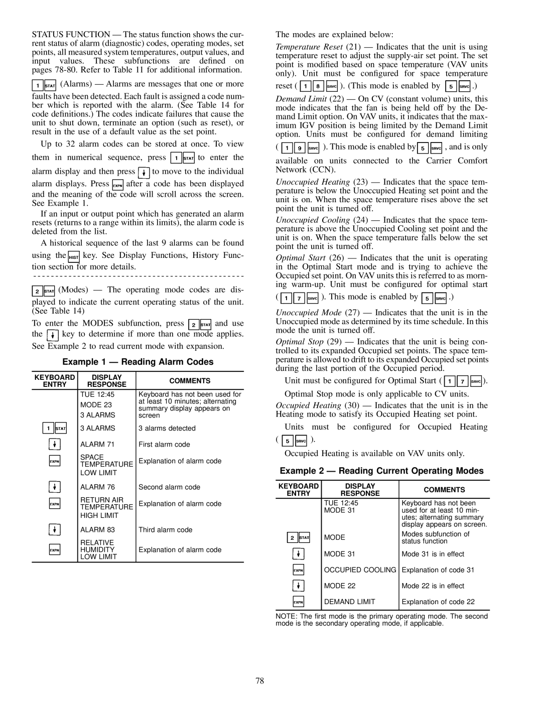 Carrier 39L specifications Example 1 Ð Reading Alarm Codes, Example 2 Ð Reading Current Operating Modes 