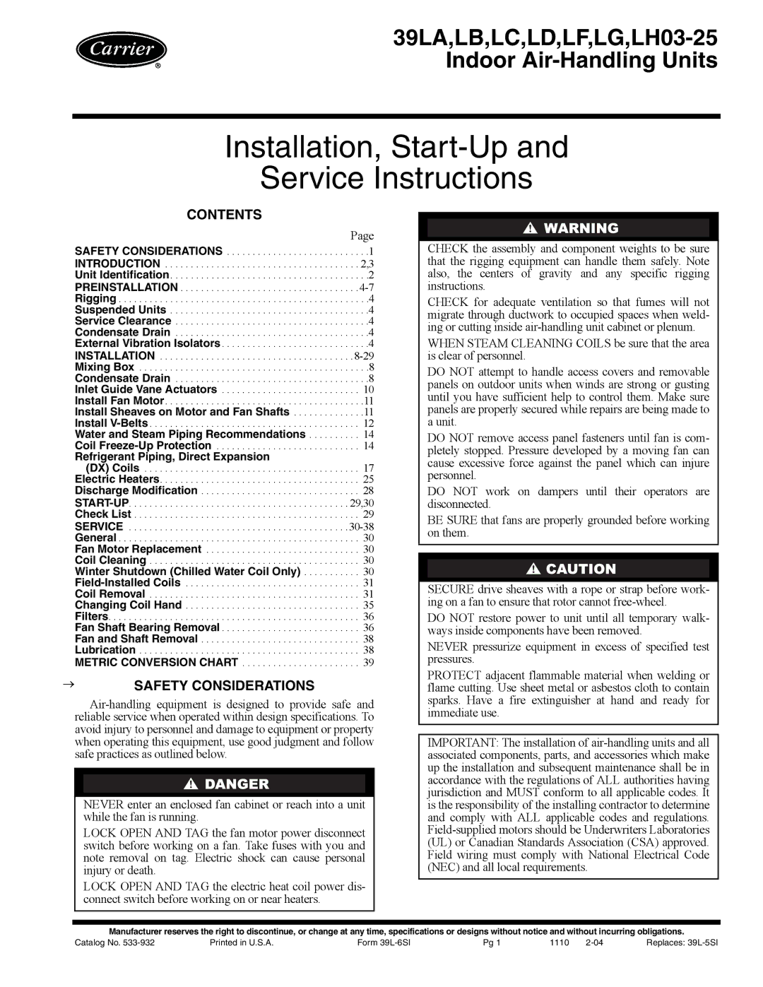 Carrier 39LD, 39LB, 39LA, 39LC, 39LE, 39LF, 39LH03-25, 39LG specifications Contents, → Safety Considerations 