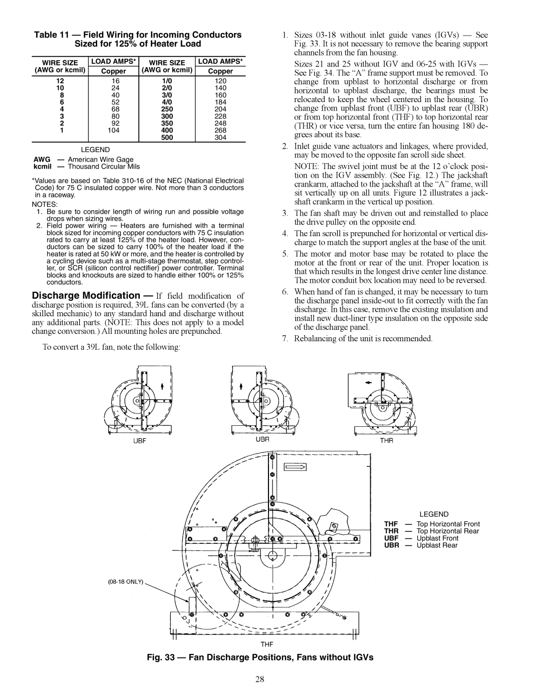 Carrier 39LE, 39LB, 39LD, 39LA, 39LC, 39LF, 39LH03-25, 39LG Fan Discharge Positions, Fans without IGVs, Wire Size Load Amps 