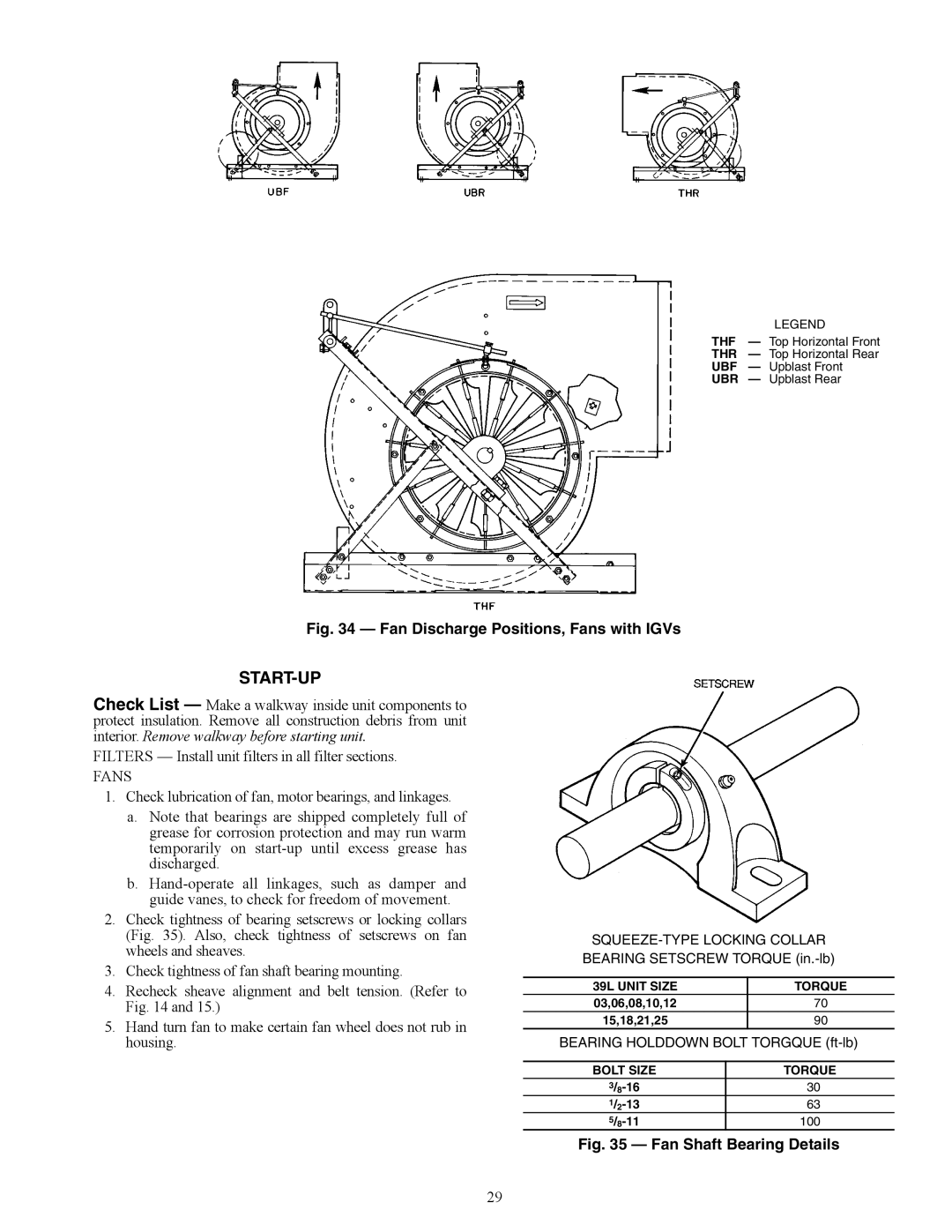 Carrier 39LF, 39LB, 39LD, 39LA, 39LC, 39LE, 39LH03-25, 39LG specifications Start-Up, Bolt Size Torque 