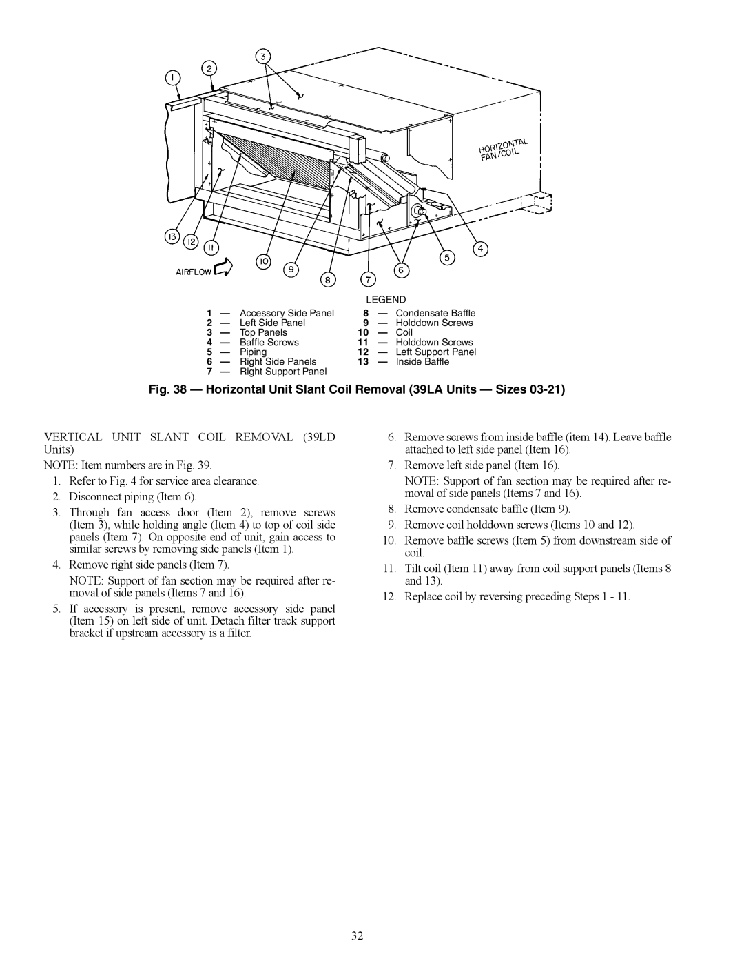 Carrier 39LB, 39LD, 39LC, 39LE, 39LF, 39LH03-25, 39LG specifications Horizontal Unit Slant Coil Removal 39LA Units Sizes 