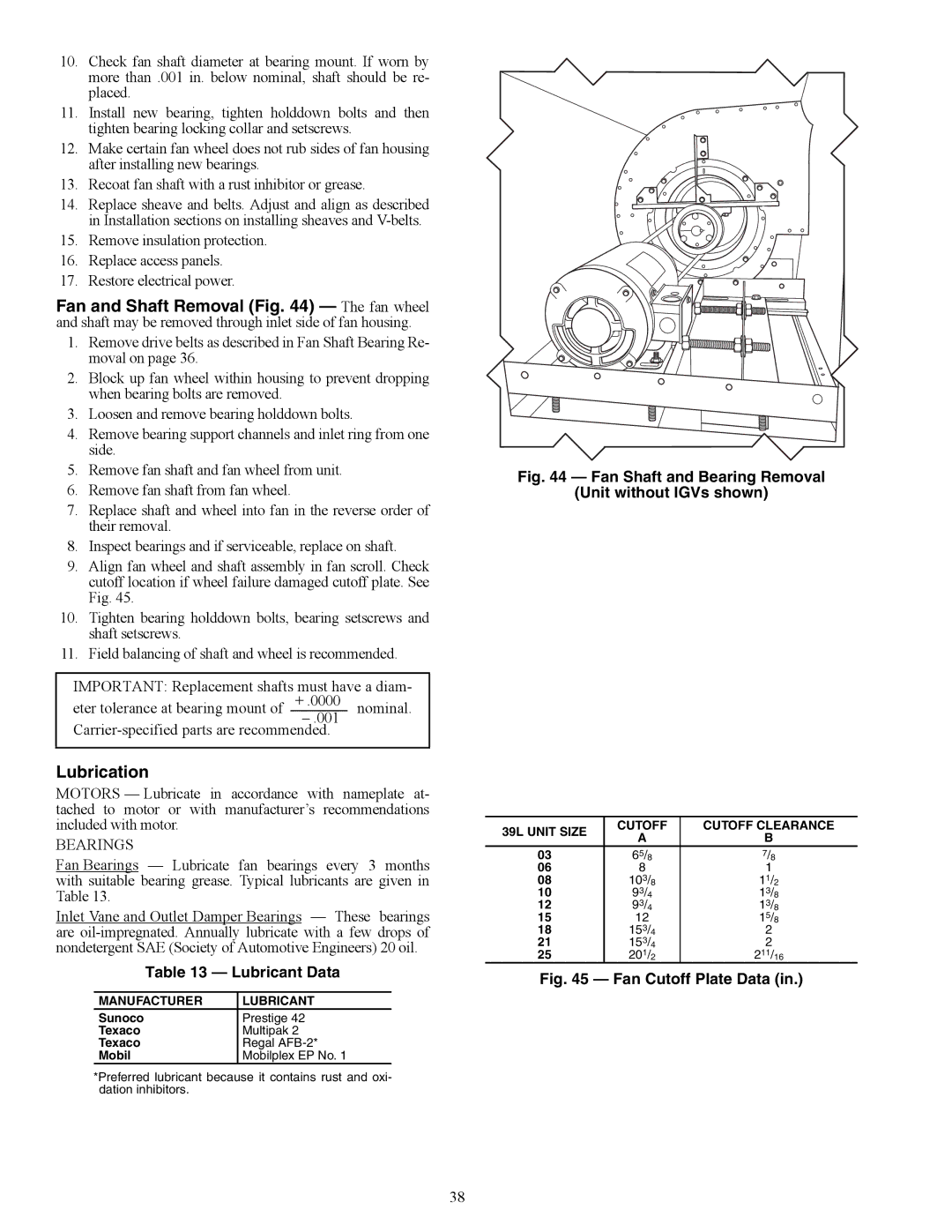 Carrier 39LH03-25, 39LB, 39LD Lubrication, Lubricant Data, Manufacturer Lubricant, 39L Unit Size Cutoff Cutoff Clearance 