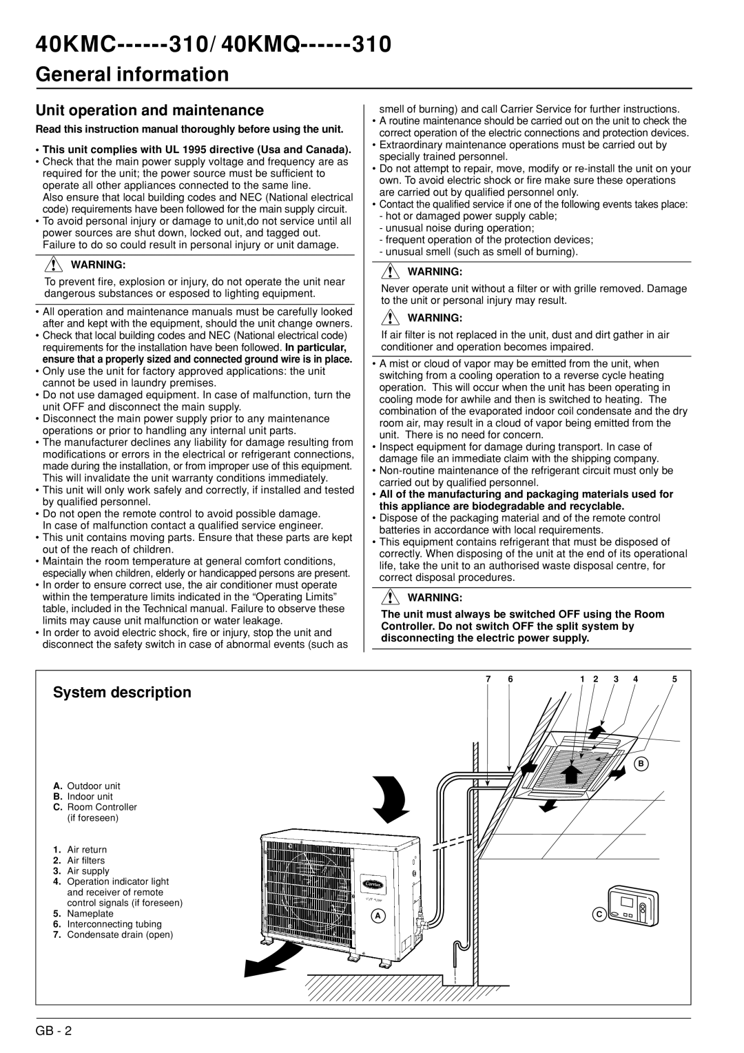 Carrier 40KMC------301, 40KMQ------301 owner manual General information, Unit operation and maintenance, System description 