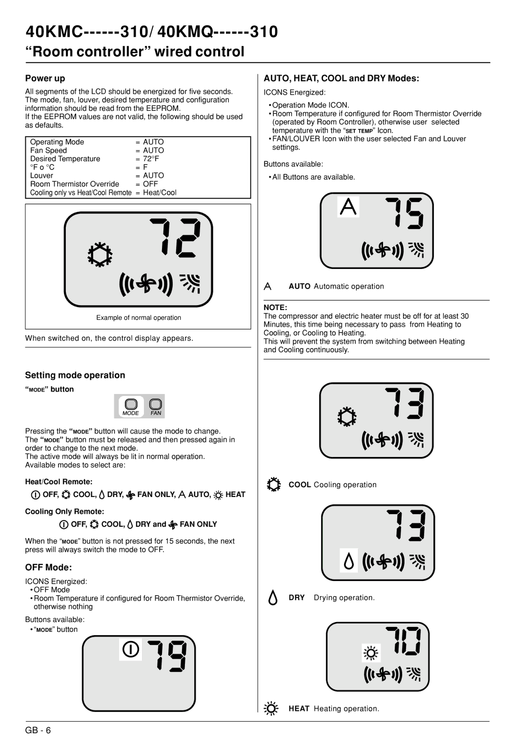 Carrier 40KMC------301, 40KMQ------301 Room controller wired control, Power up, Setting mode operation, OFF Mode 