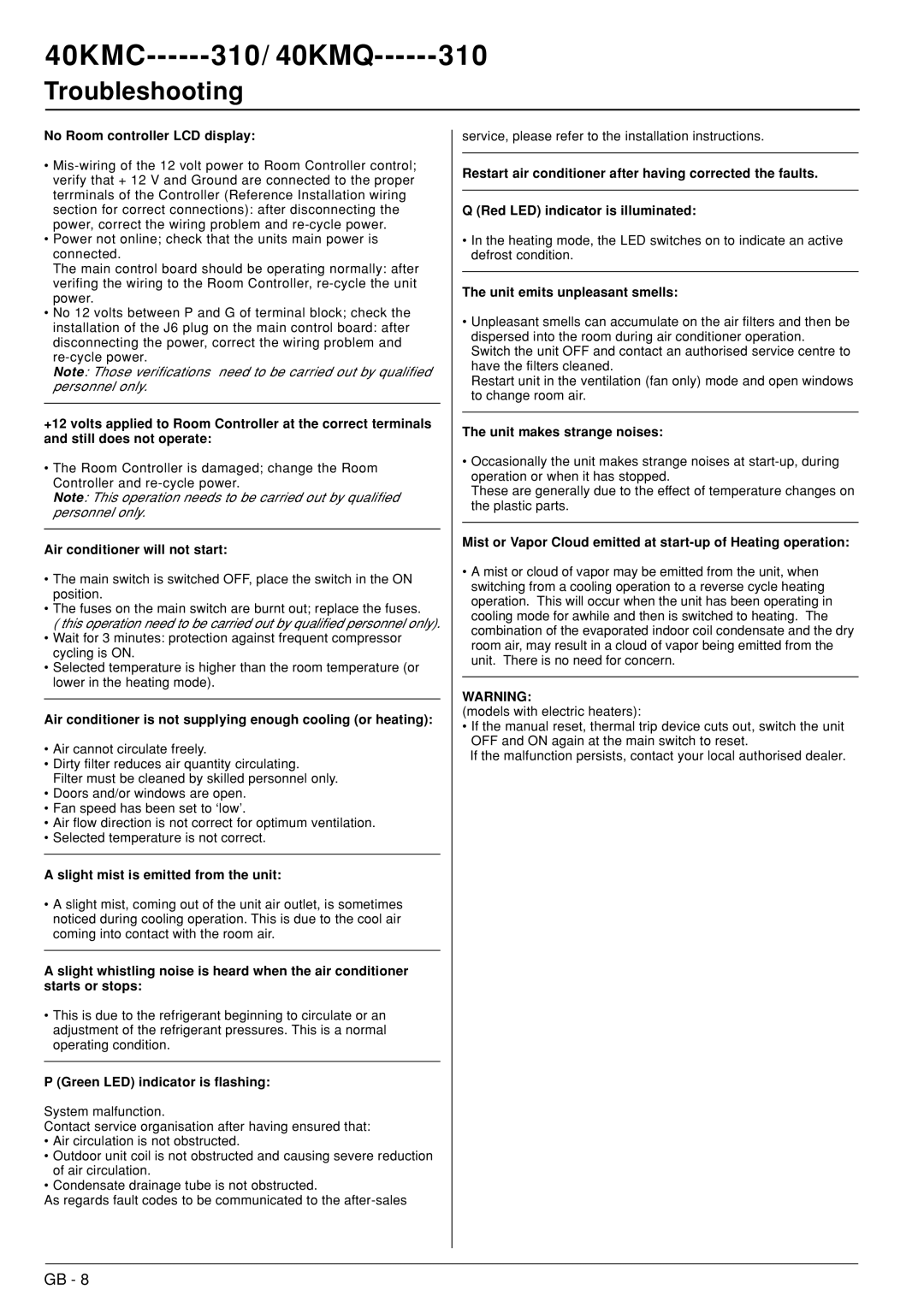 Carrier 40KMC------301, 40KMQ------301 owner manual Troubleshooting 