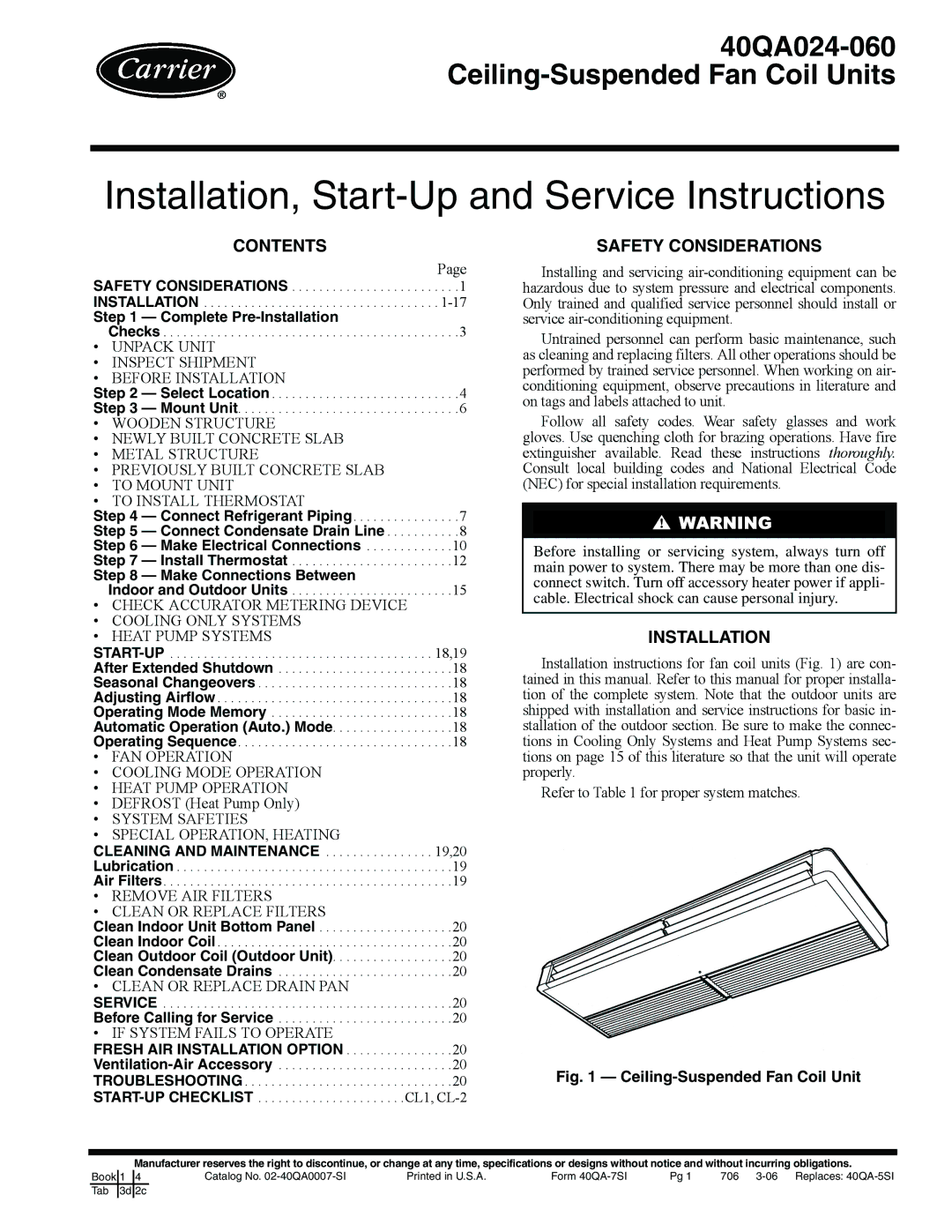 Carrier 40QA024-060 specifications Contents, Installation 