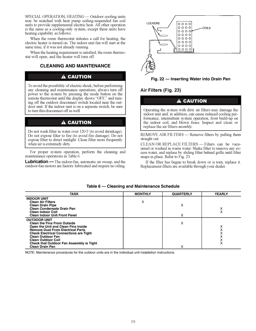 Carrier 40QA024-060 Air Filters Fig, Cleaning and Maintenance Schedule, Task Monthly Quarterly Yearly Indoor Unit 