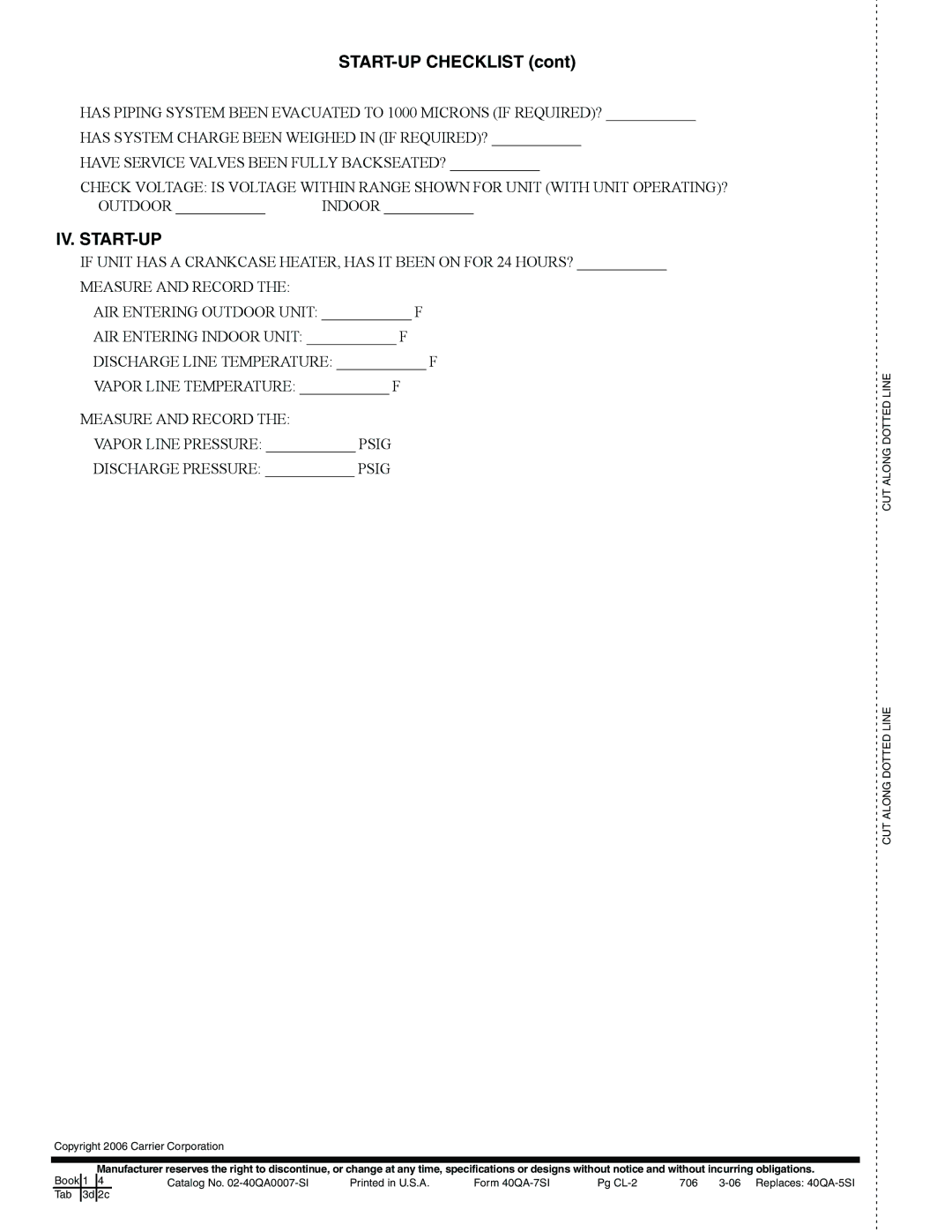 Carrier 40QA024-060 specifications START-UP Checklist, Iv. Start-Up 