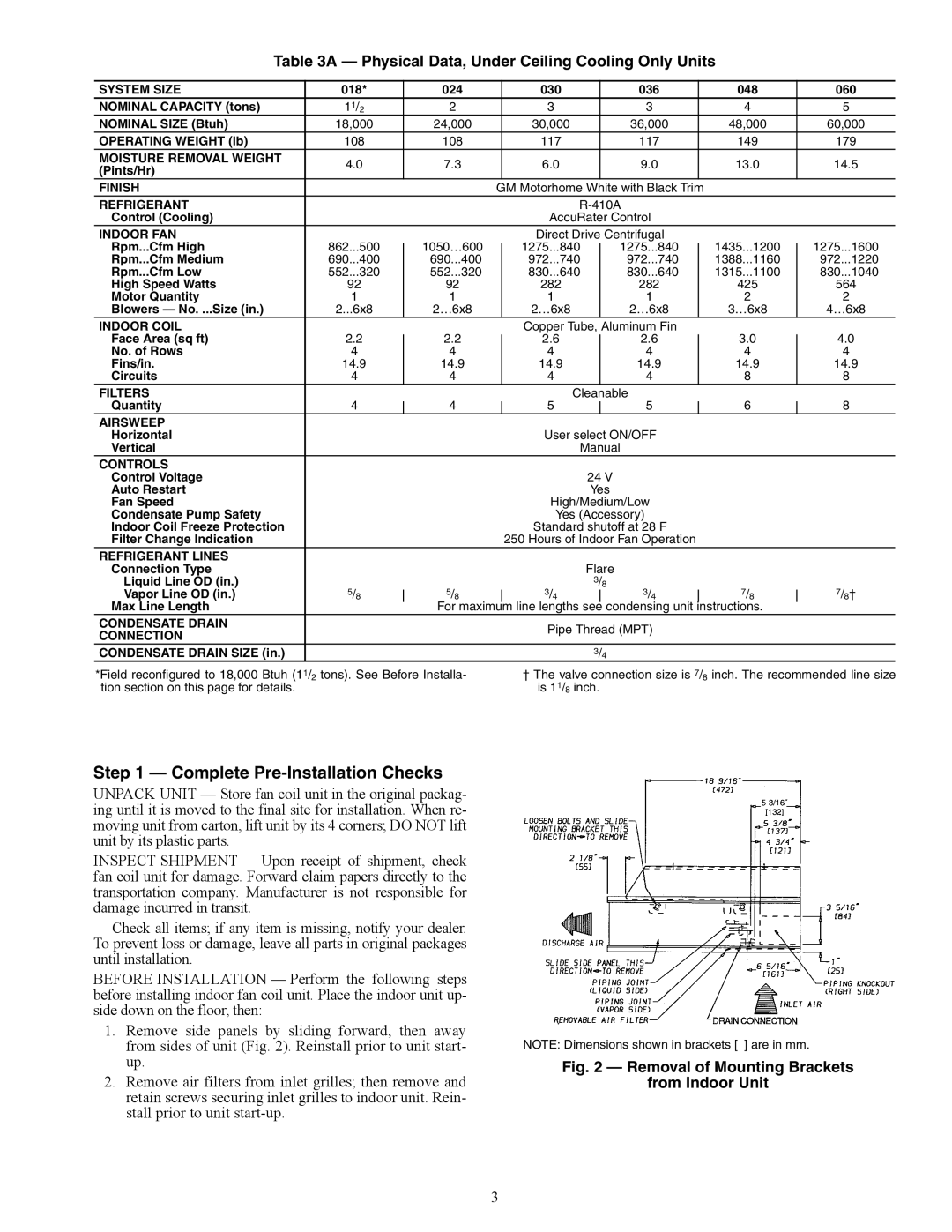 Carrier 40QA024-060 specifications Complete Pre-Installation Checks, Physical Data, Under Ceiling Cooling Only Units 